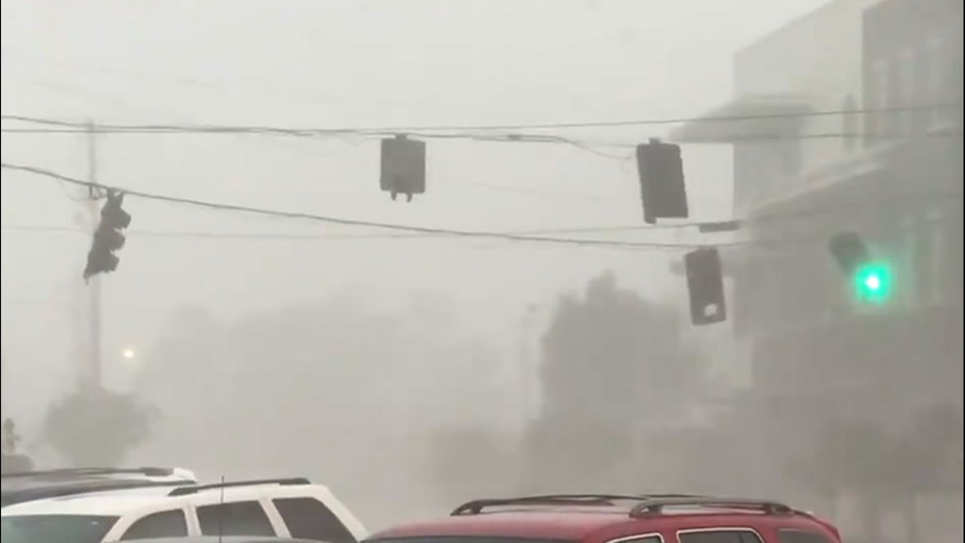 A severe storm swept through Jackson, Mississippi, on May 4. It caused these traffic lights to swing back and forth while motorists underneath braved stormy conditions.