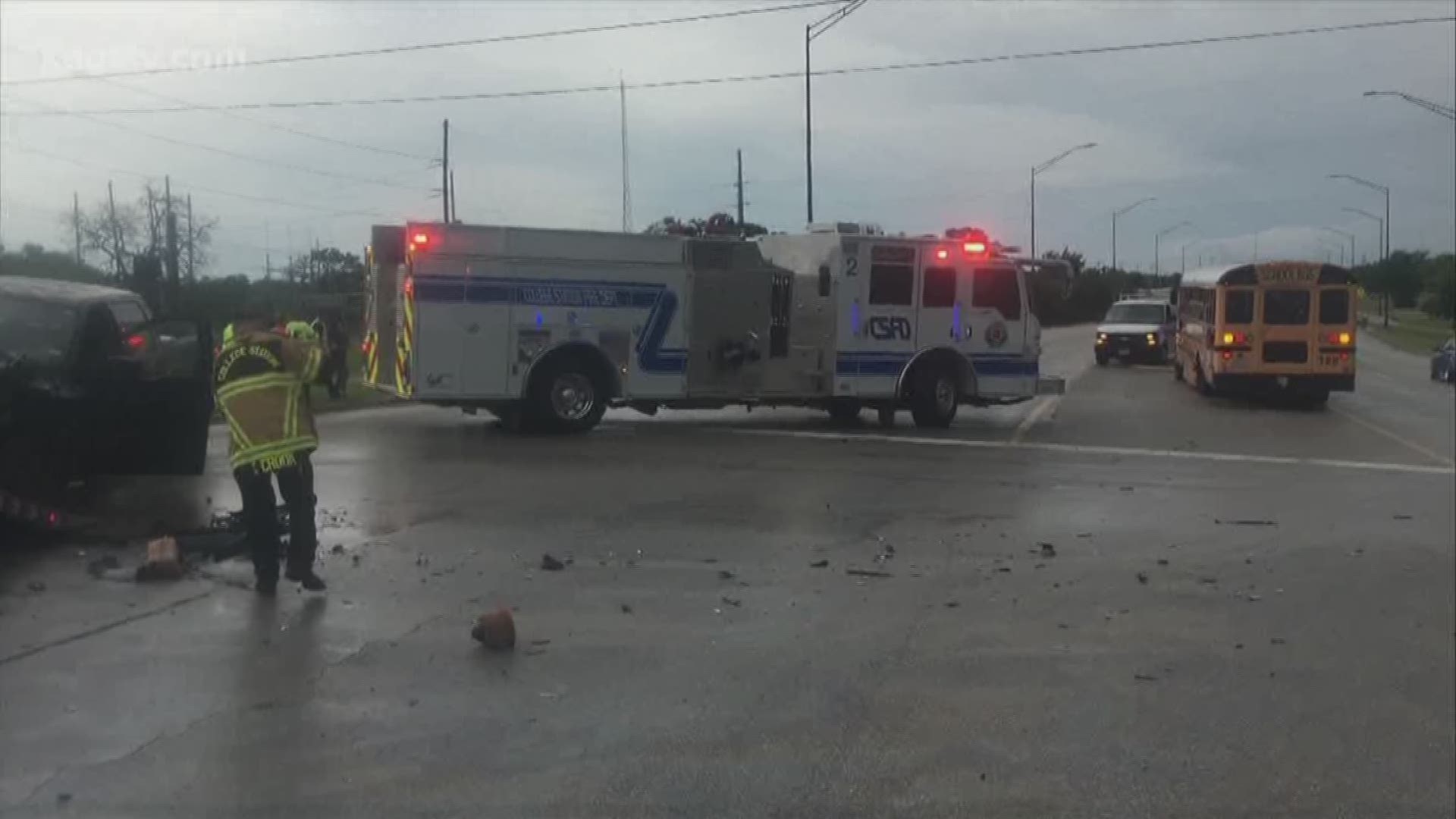 9 students from 4 different College Station ISD schools were rushed to the hospital with non-fatal injuries after a school bus collided with a pickup truck.