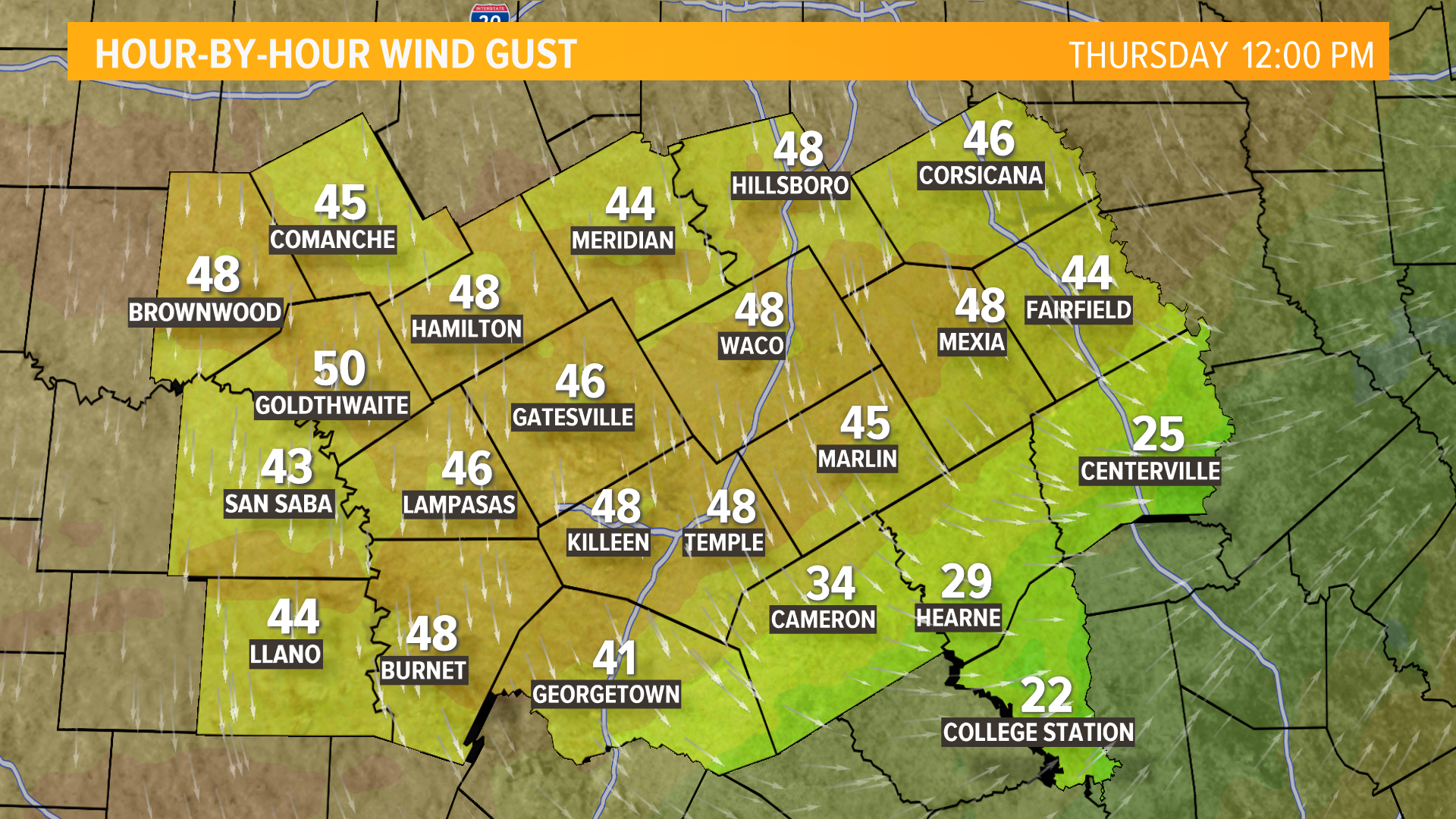 Sustained winds will be 15 to 25 mph, with wind gusts up to 40 and even 50 mph.