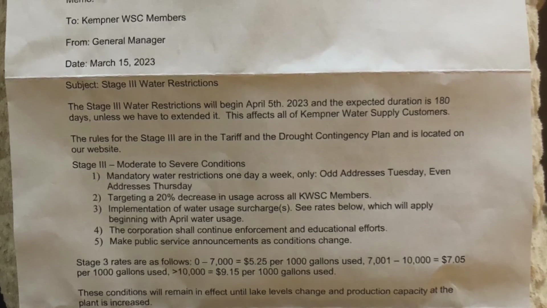 Stage 3 water restrictions are causing residents of Kempner to pay more for their water.