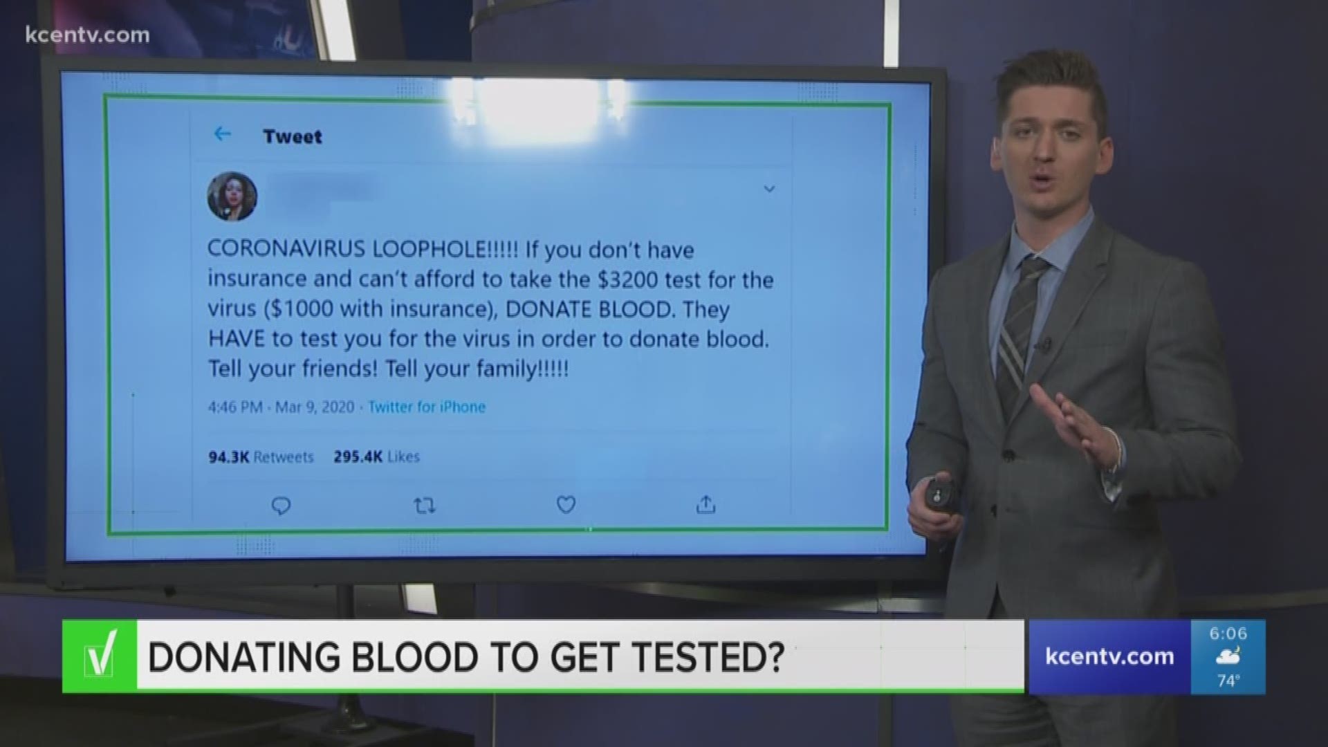The question came after a since-deleted post on Twitter claimed people could avoid the coronavirus test fee by donating blood.