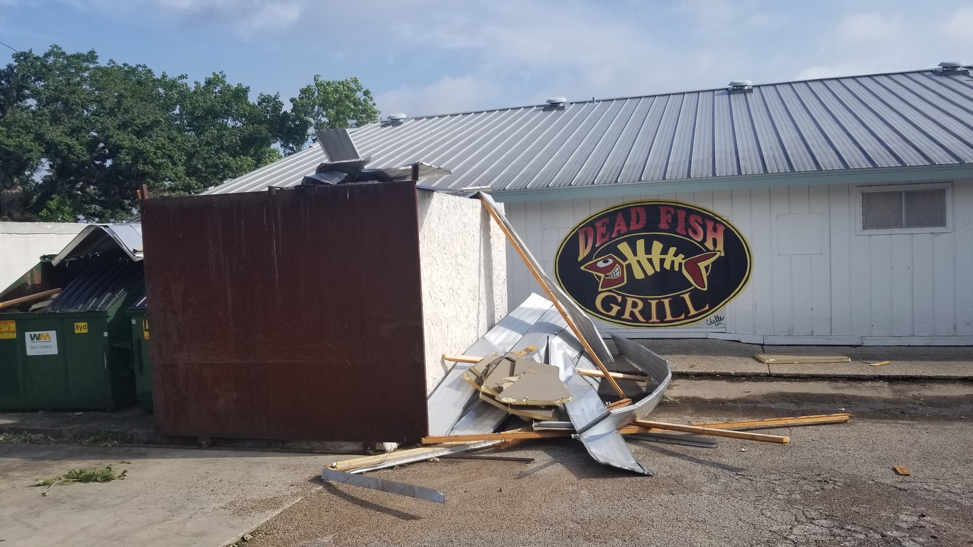The seafood restaurant's roof and windows were damaged during thunderstorms in the area Wednesday night.
