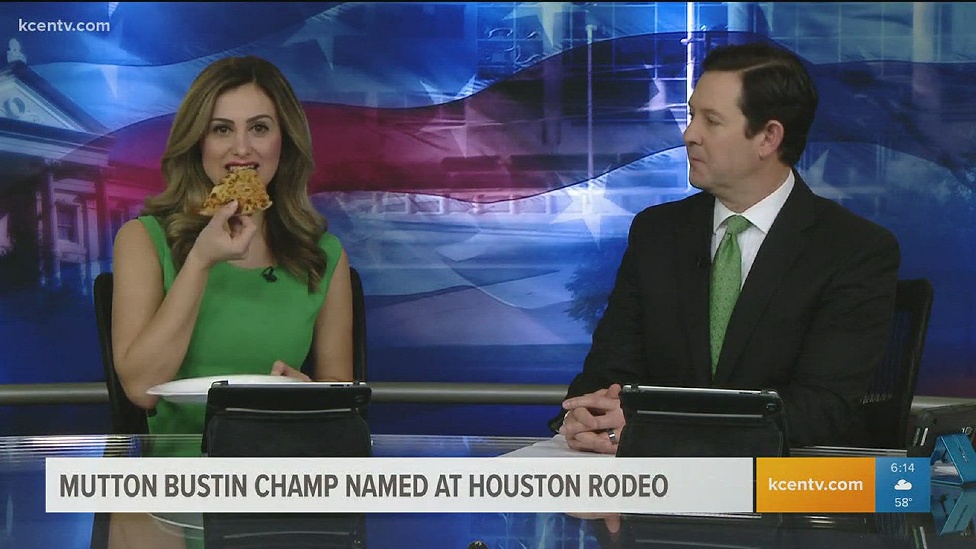 Heidi eats pizza during the show