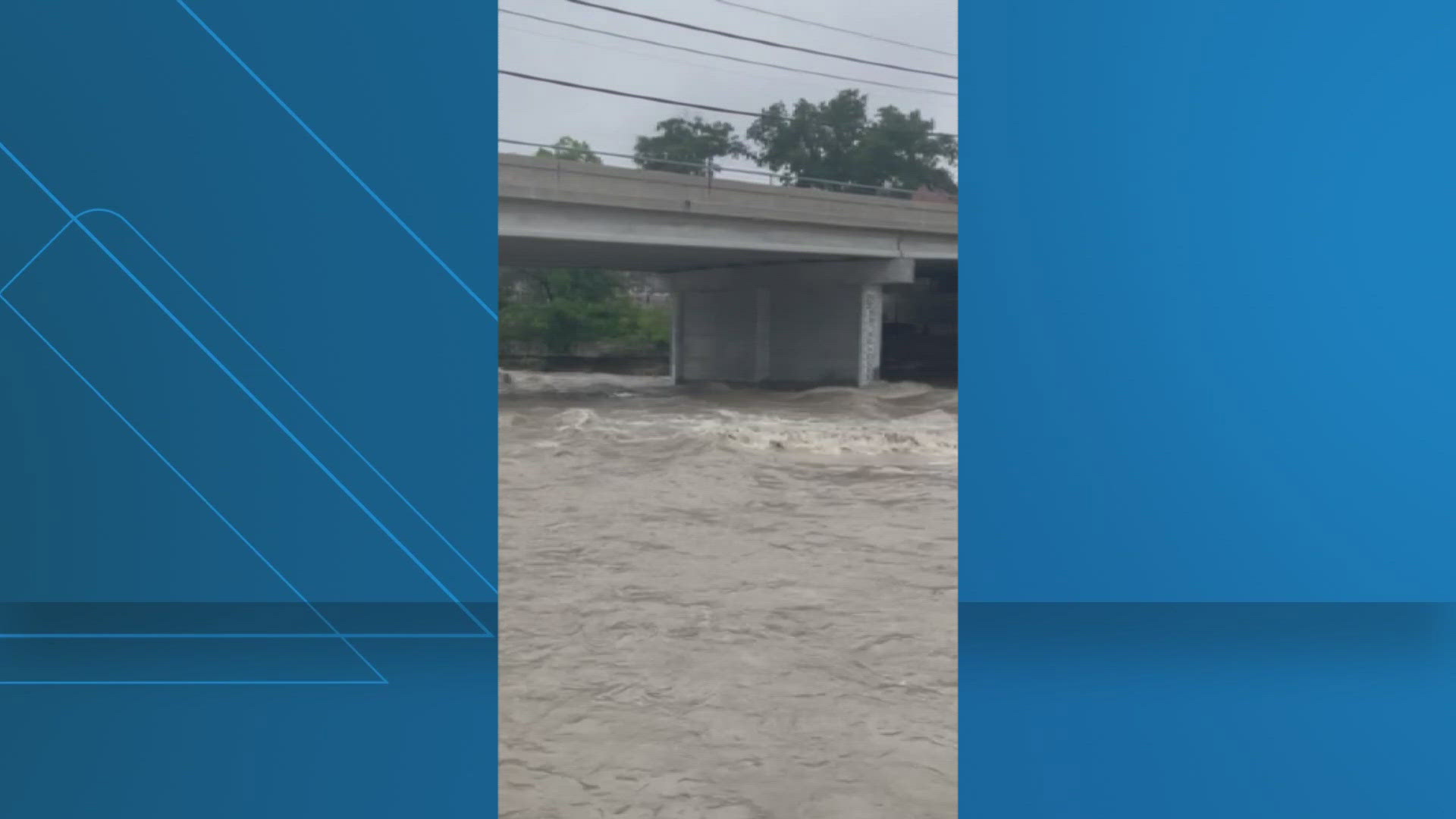 Video shows high waters rushing down Nolan Creek after severe weather and heavy rain swept through Central Texas on Mother's Day.