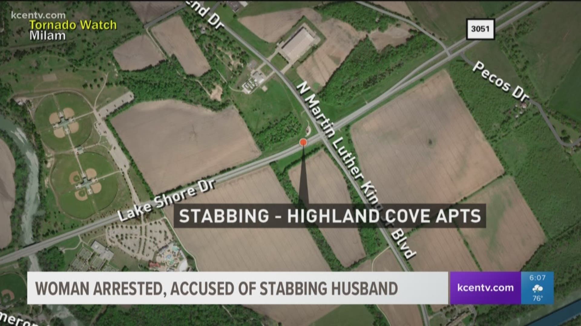 A woman is accused of stabbing her husband at the Highland Cove Apartments.