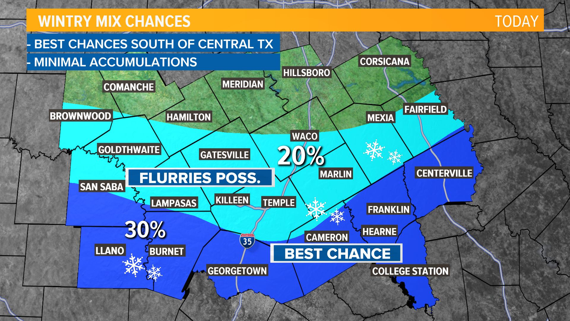 Snow flurries or a light wintry mix is possible today for parts of Central Texas as another winter storm rolls across the Lone Star State.