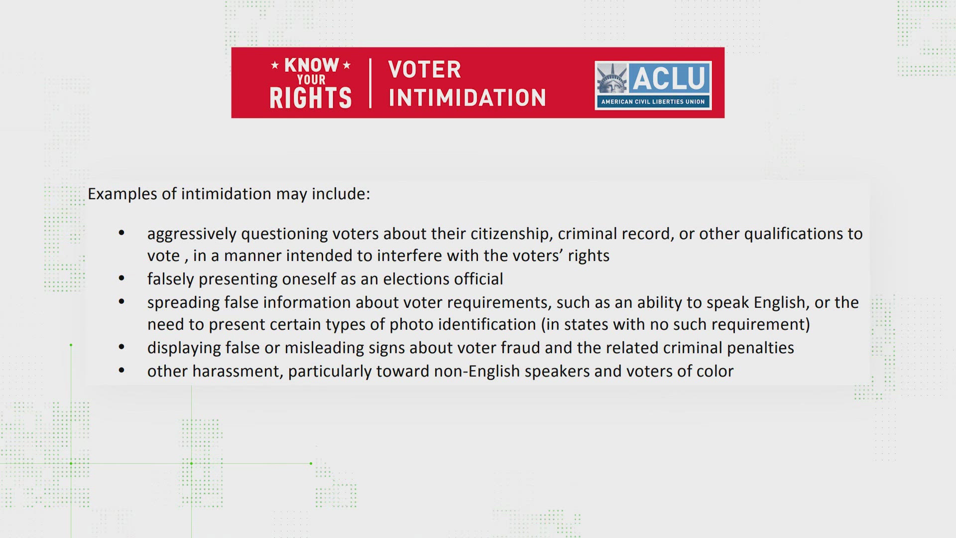 Brandon Lewis tells you about the signs of voter intimidation, what it is and what to do if you suspect it to be happpening