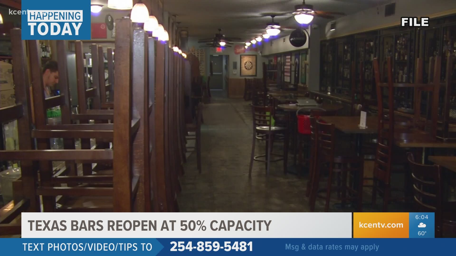 Bars in Bell and McLennan counties will be allowed to reopen today at 50% capacity.
