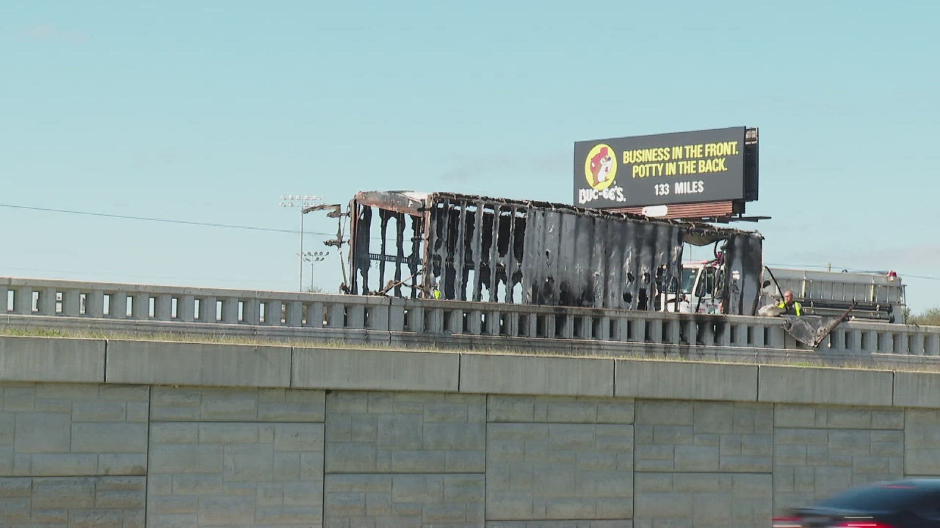 Video sent to 6 News shows two semi-trucks that appear to be involved with one trailer completely engulfed in flames.