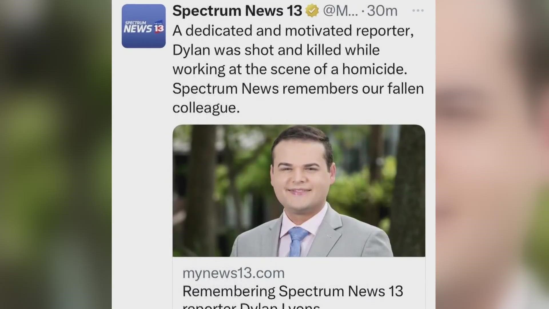 Florida's Spectrum 13 News identifies Reporter Dylan Lyons as the journalist killed Thursday. A TV crewmember is said to be in critical condition.