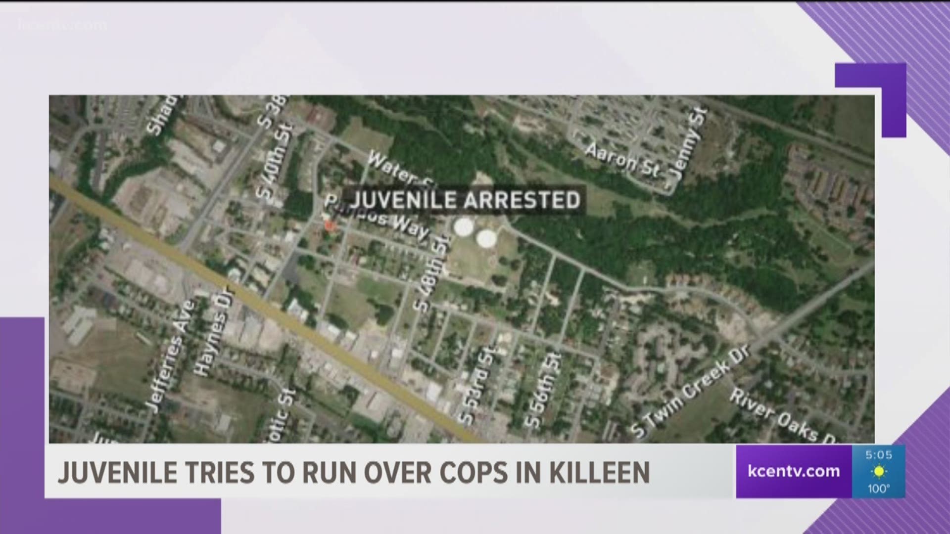 Killeen police opened fire on the stolen vehicle when the juvenile tried to run over an officer. The suspect was arrested after crashing into a house.