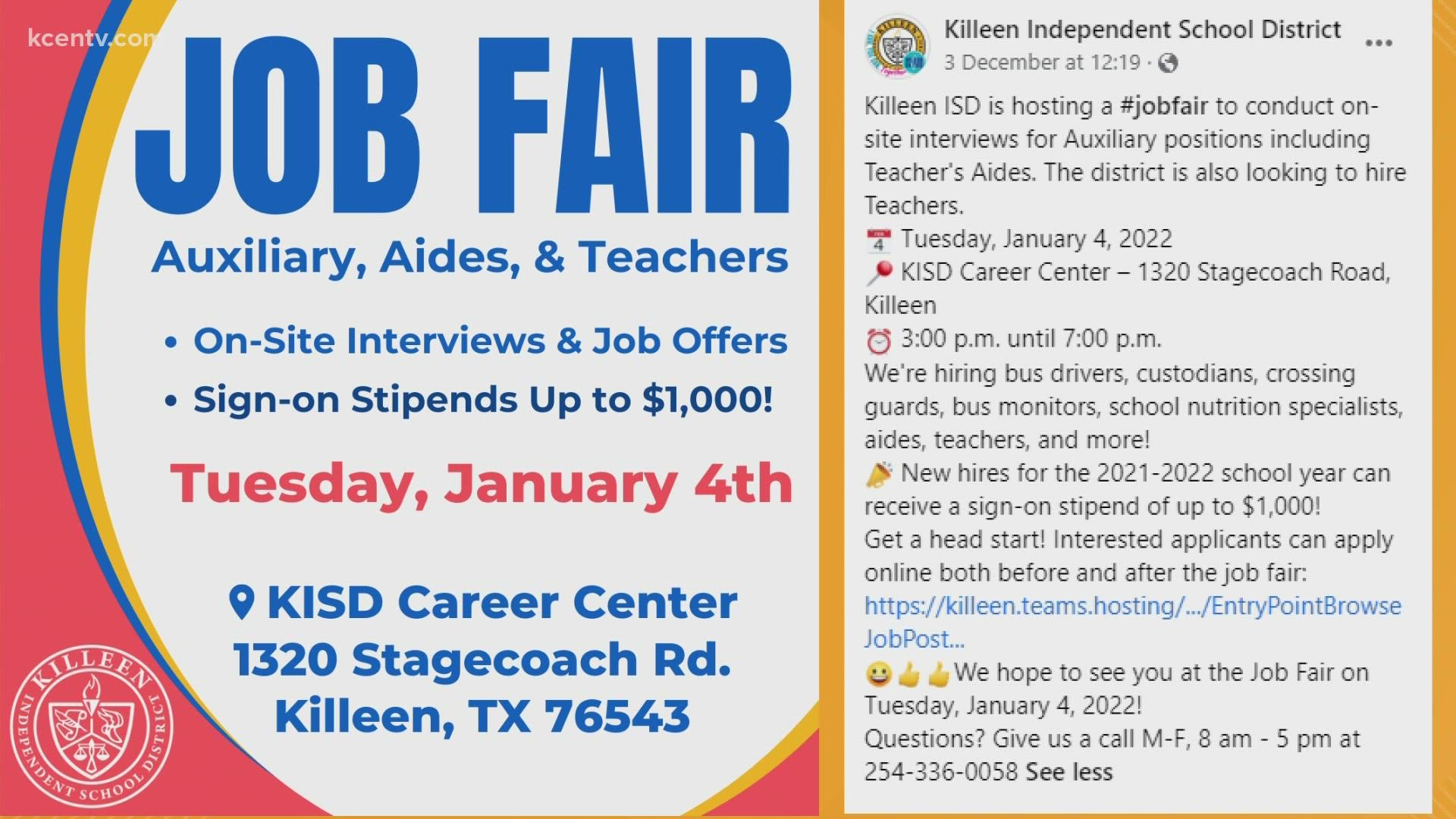 Killeen ISD will conduct in-person interviews next year Jan 4