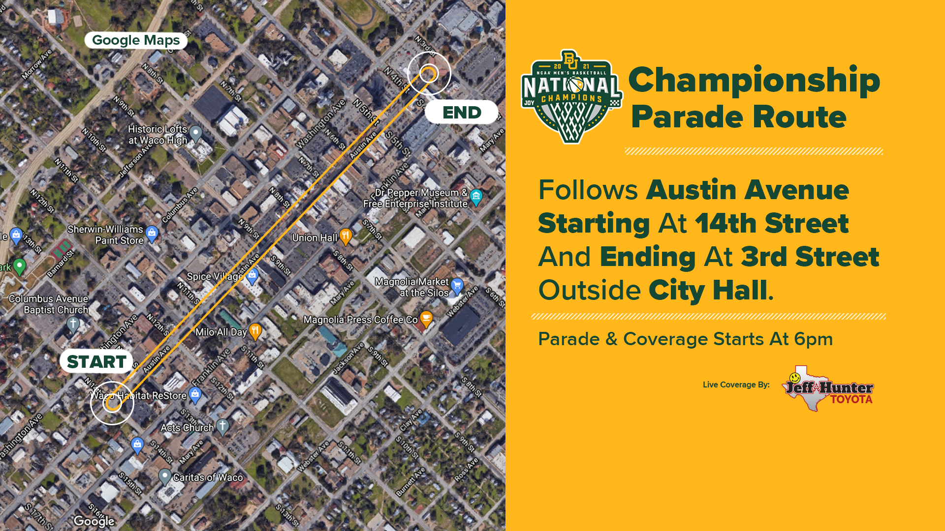 There will also be a ceremony outside of Waco City Hall to celebrate the Bears' National Championship win.