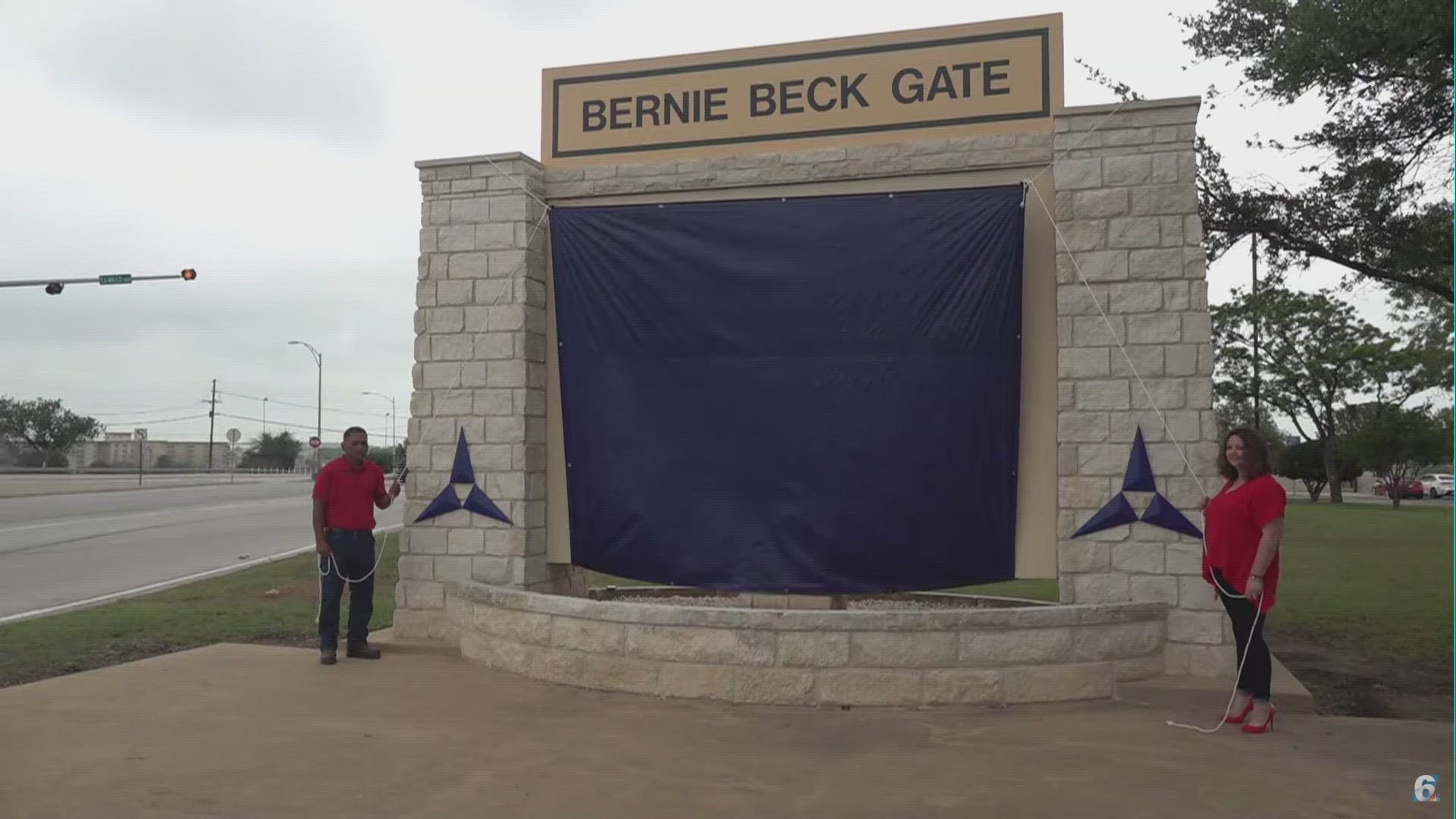 A tarp was dropped from the Bernie Beck gate to reveal the name change from Fort Hood to Fort Cavazos.
