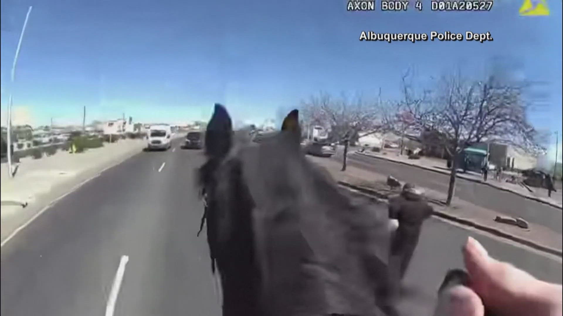 Bodycam footage showed the officer galloping into action after the suspect allegedly tried to flee from a pharmacy.