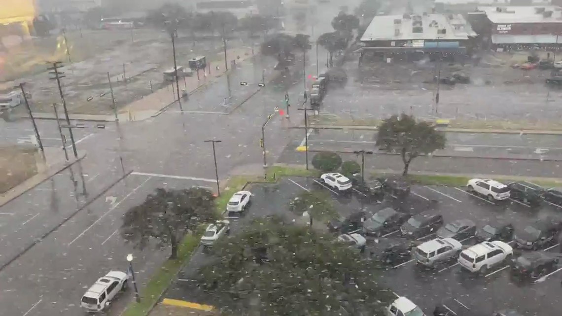 Aerial view of snow falling in Waco