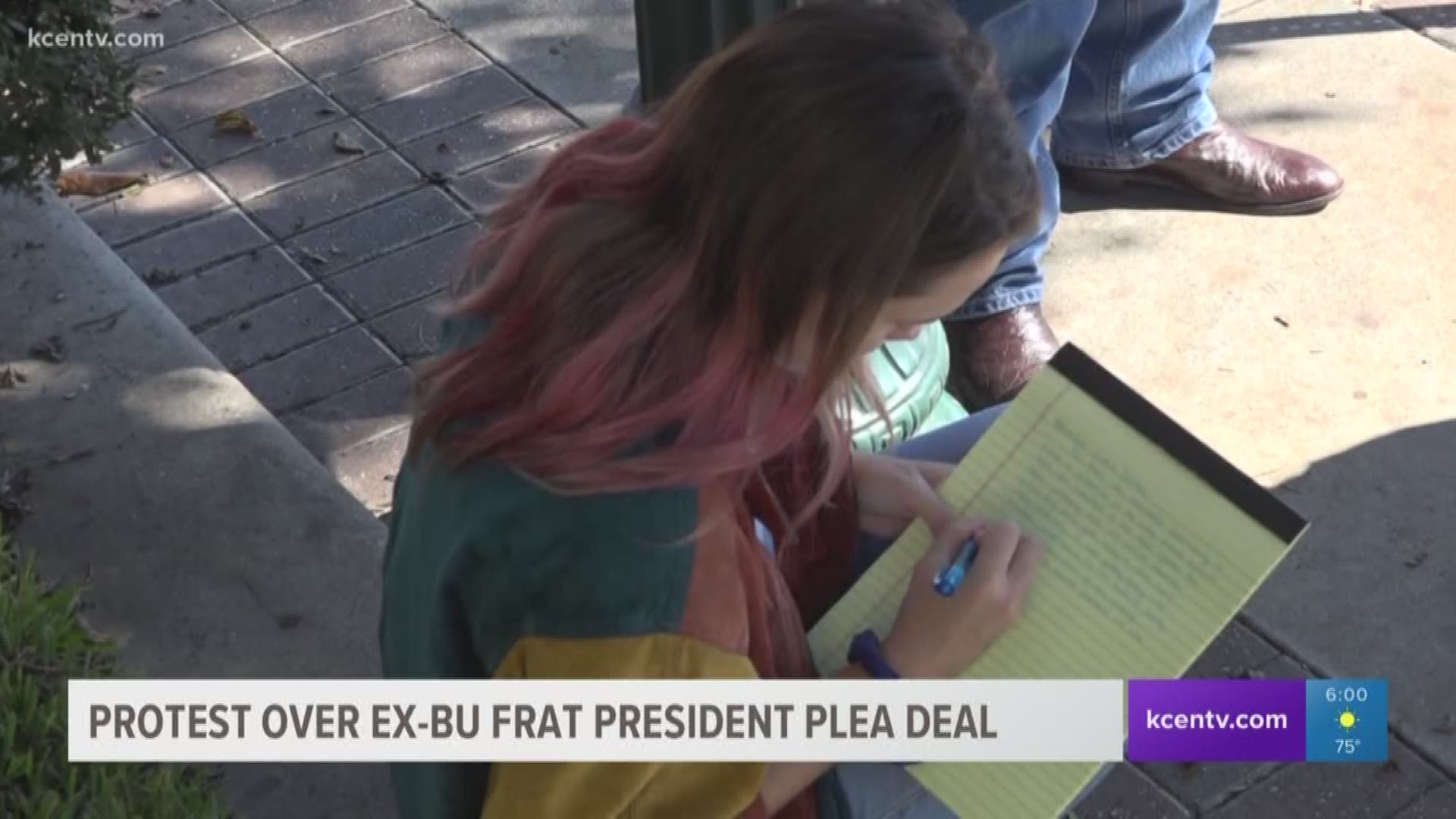 A group in Waco protested outside the McLennan County Courthouse Thursday to ask the county judge to overturn a plea deal offered to a former Baylor fraternity president accused of raping a fellow student.