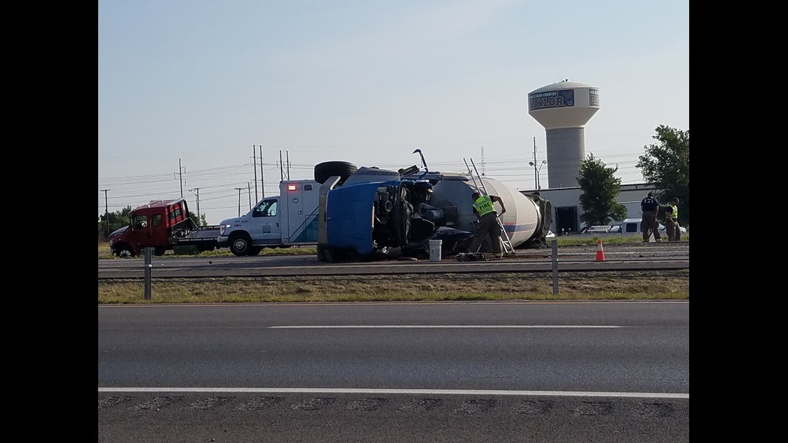 Cement truck overturns, slides into two other vehicles in Waco