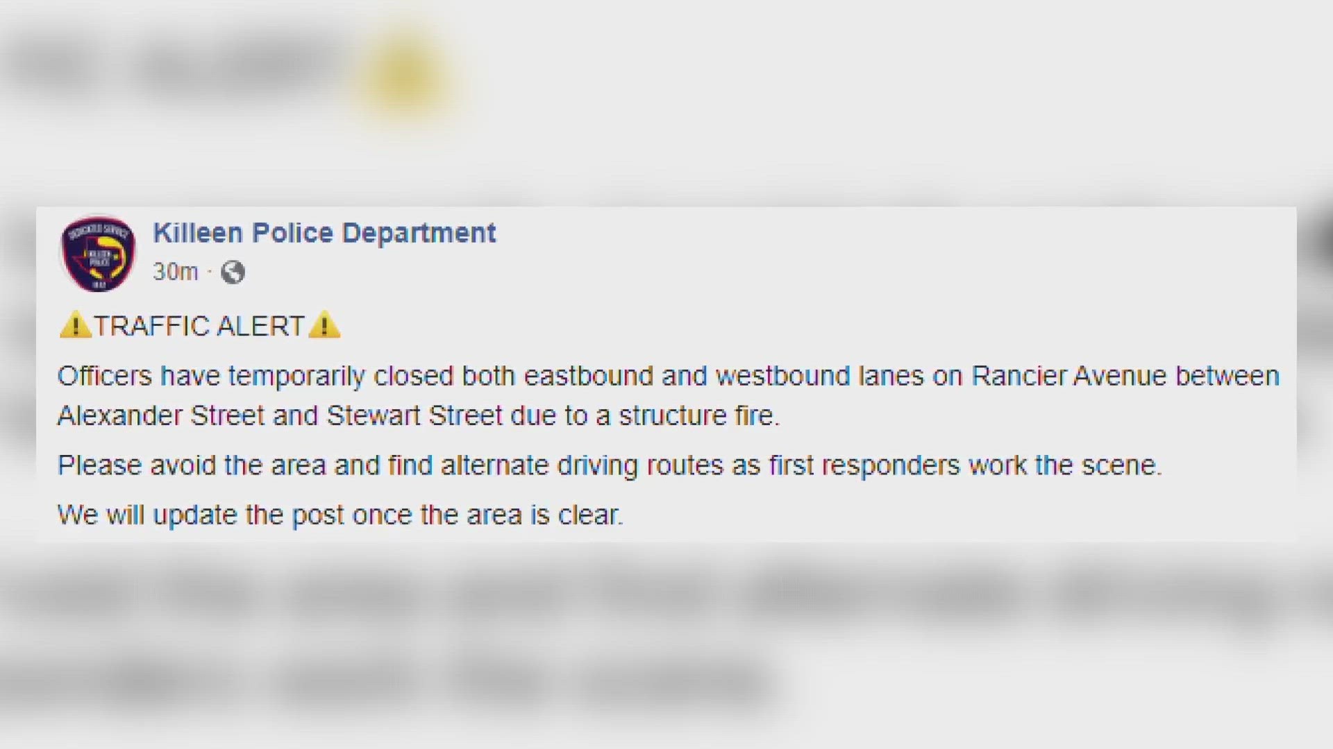 Killeen PD closes Rancier Avenue lanes.