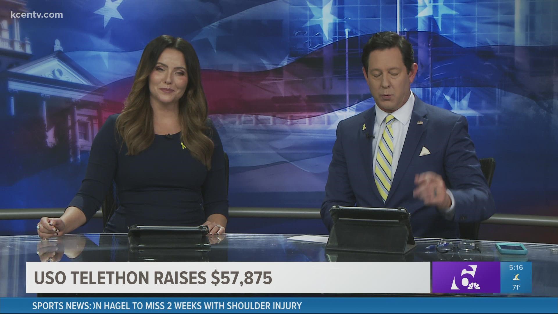 Anchors Lelis Draffin and Kris Radcliffe announce the USO raised $57,875 at Thursday's Telethon.