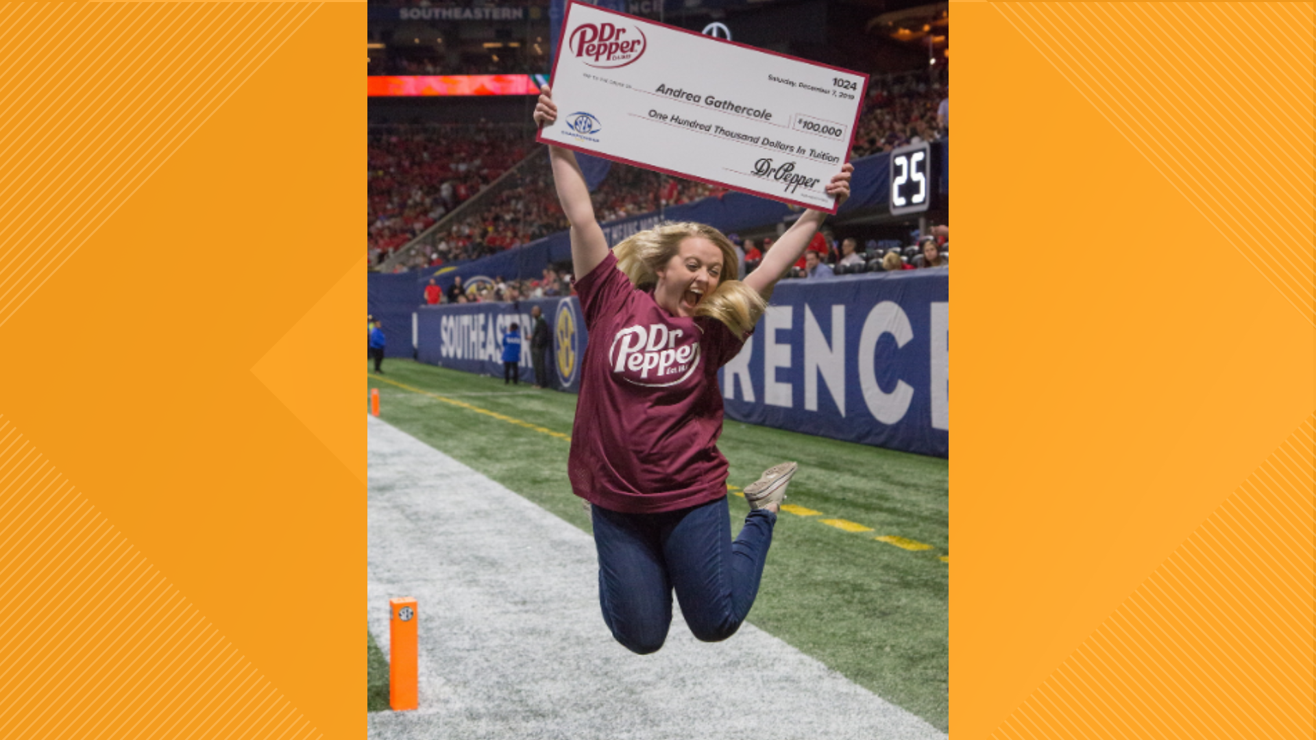 Biochemistry student Andrea Gathercole won the $100,000 during halftime at the SEC conference championship game on Dec. 7.