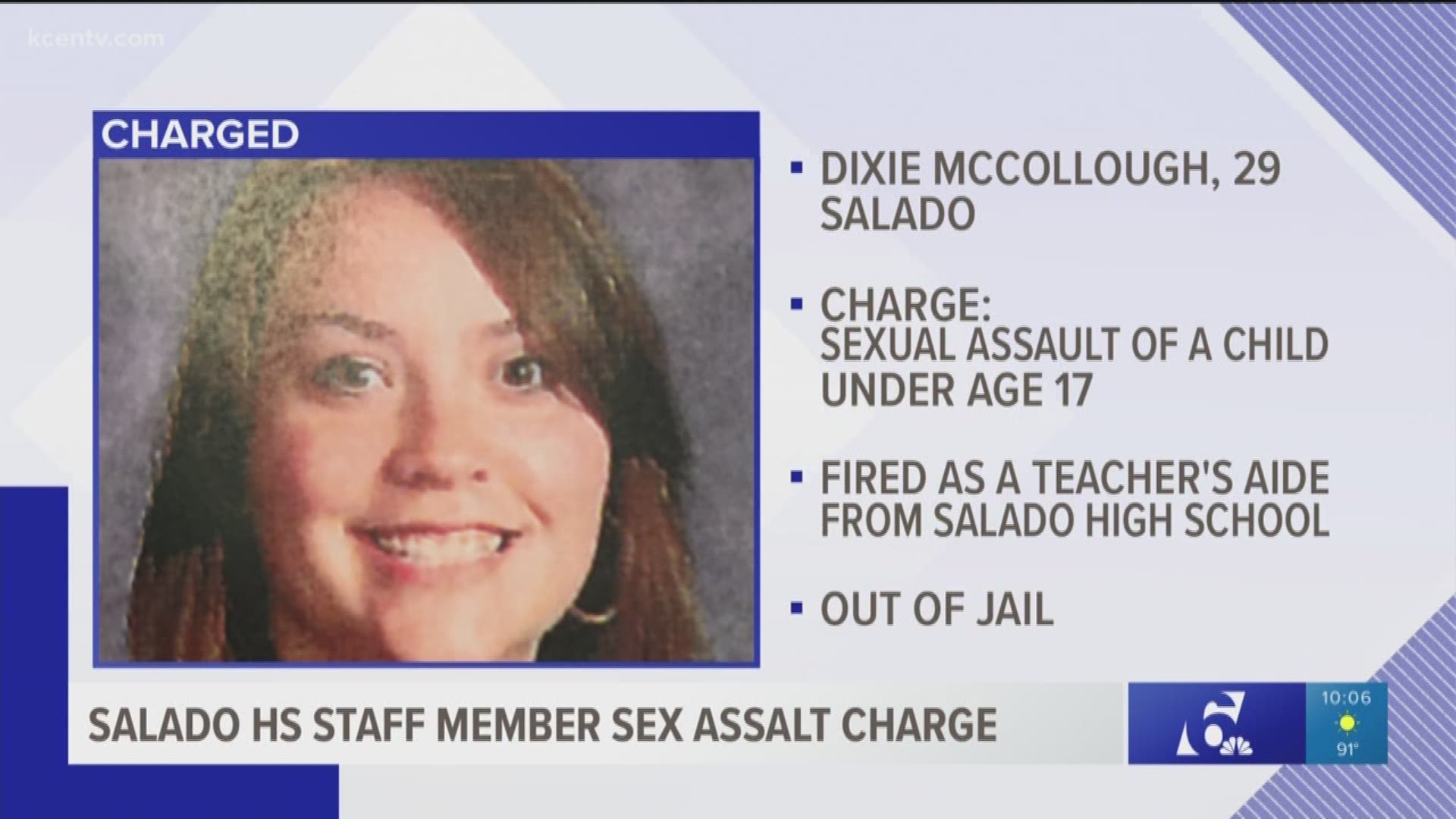A Salado teacher's aide is out of jail after being charged with sexual assault of a child. 