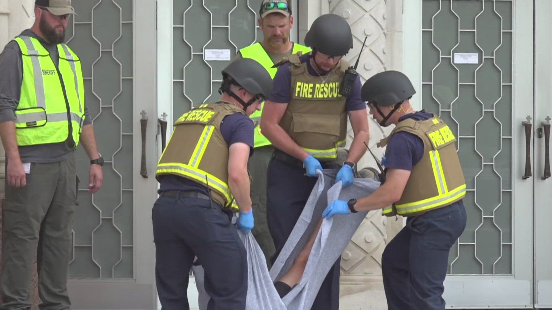 The simulation involved officers, deputies, firefighters, and paramedics from more than a dozen agencies practicing coordinated responses to emergency scenarios.