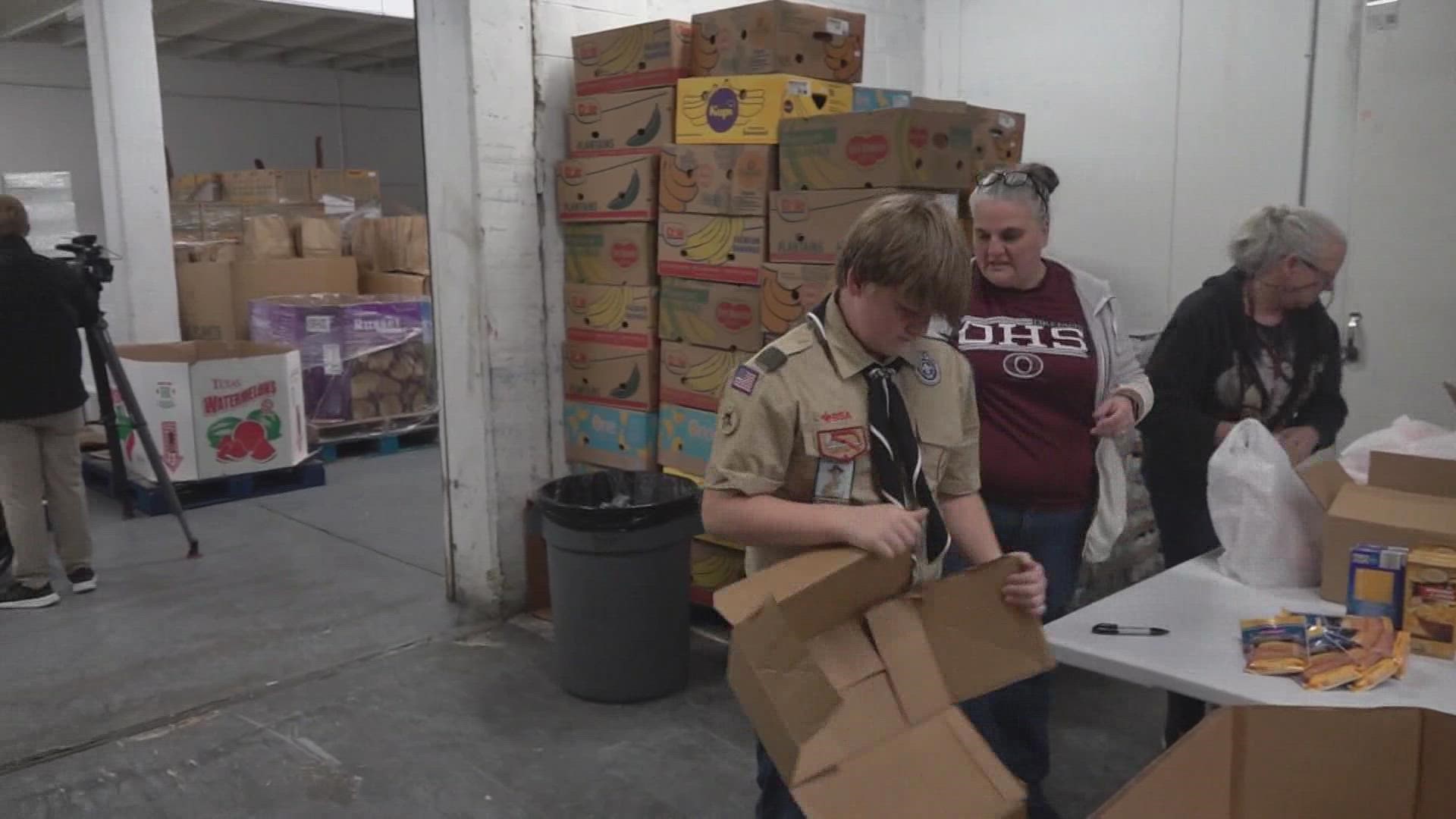 Troop 287 bagged 2,500 Thanksgiving, Christmas baskets for families for the holidays.