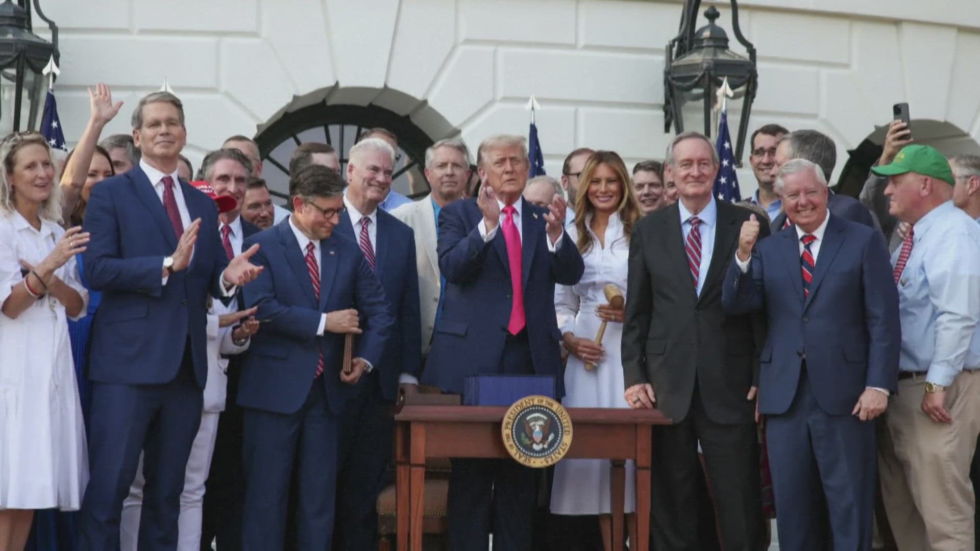 President Trump celebrated the passage of his massive tax and spending bill, deportations and tariffs on trading partners around the world.
