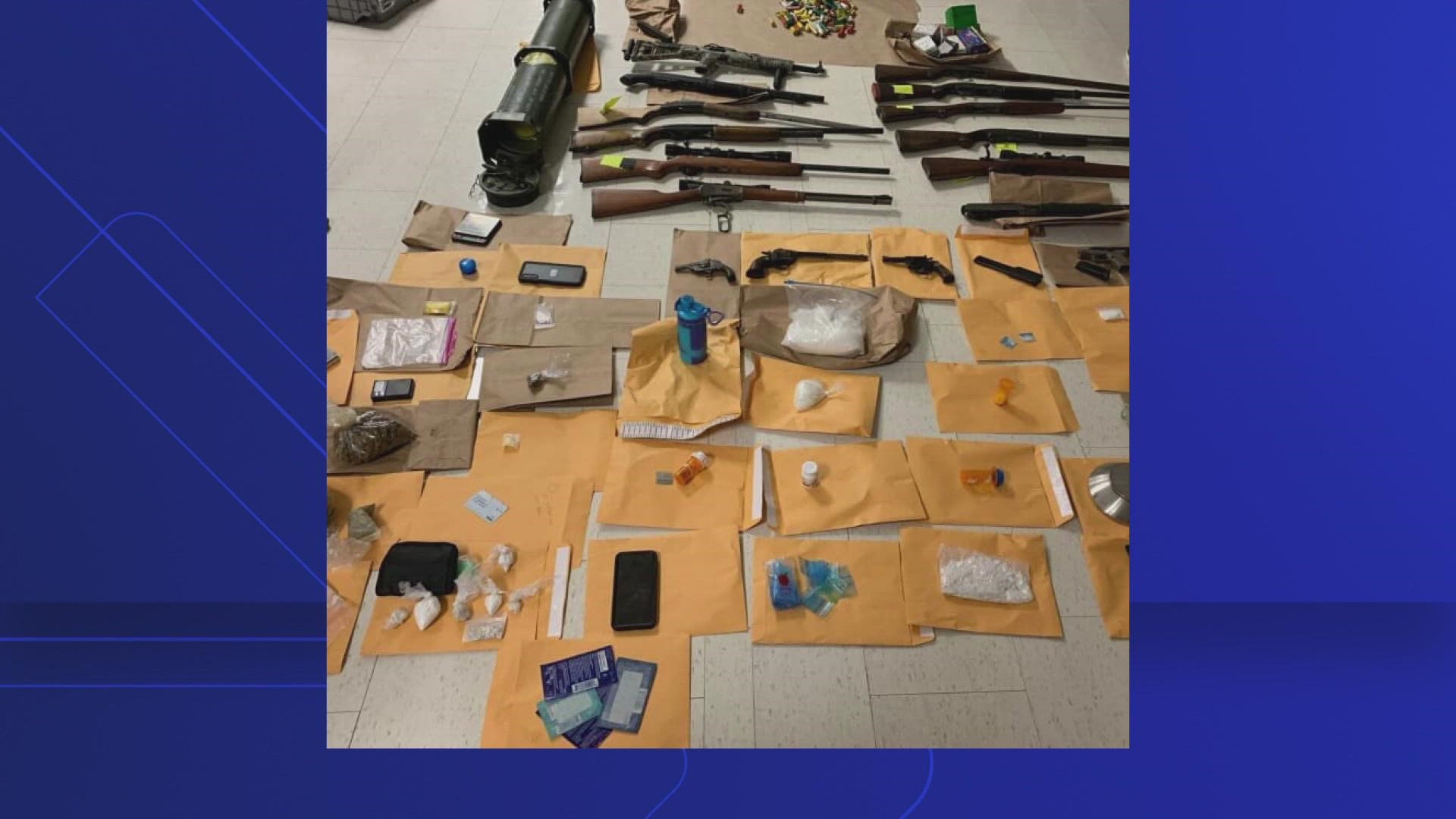 Authorities also reportedly seized hundreds of grams of other drugs and 16 weapons.