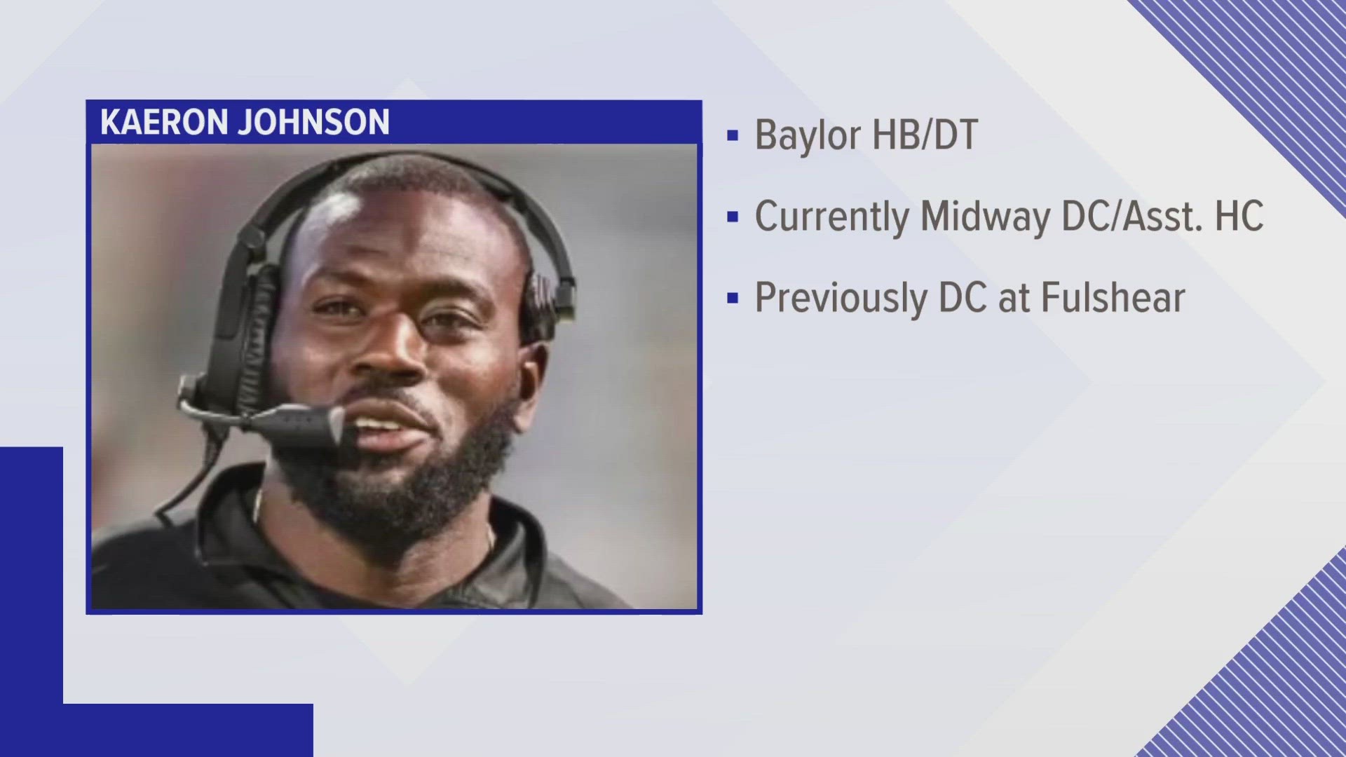 Johnson currently serves as the assistant head football coach and defensive coordinator at Midway High School.