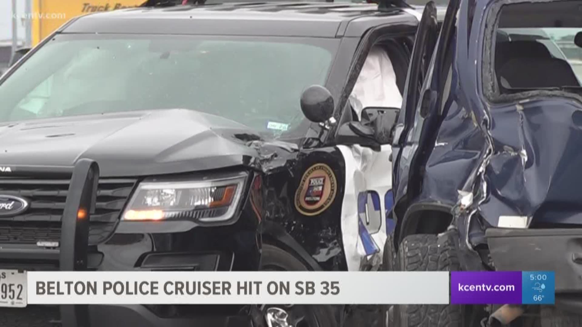 Officials said a driver fell asleep at the wheel while traveling southbound on I-35 and chipped a Nissan SUV, causing the SUV to crash into a Belton police cruiser.