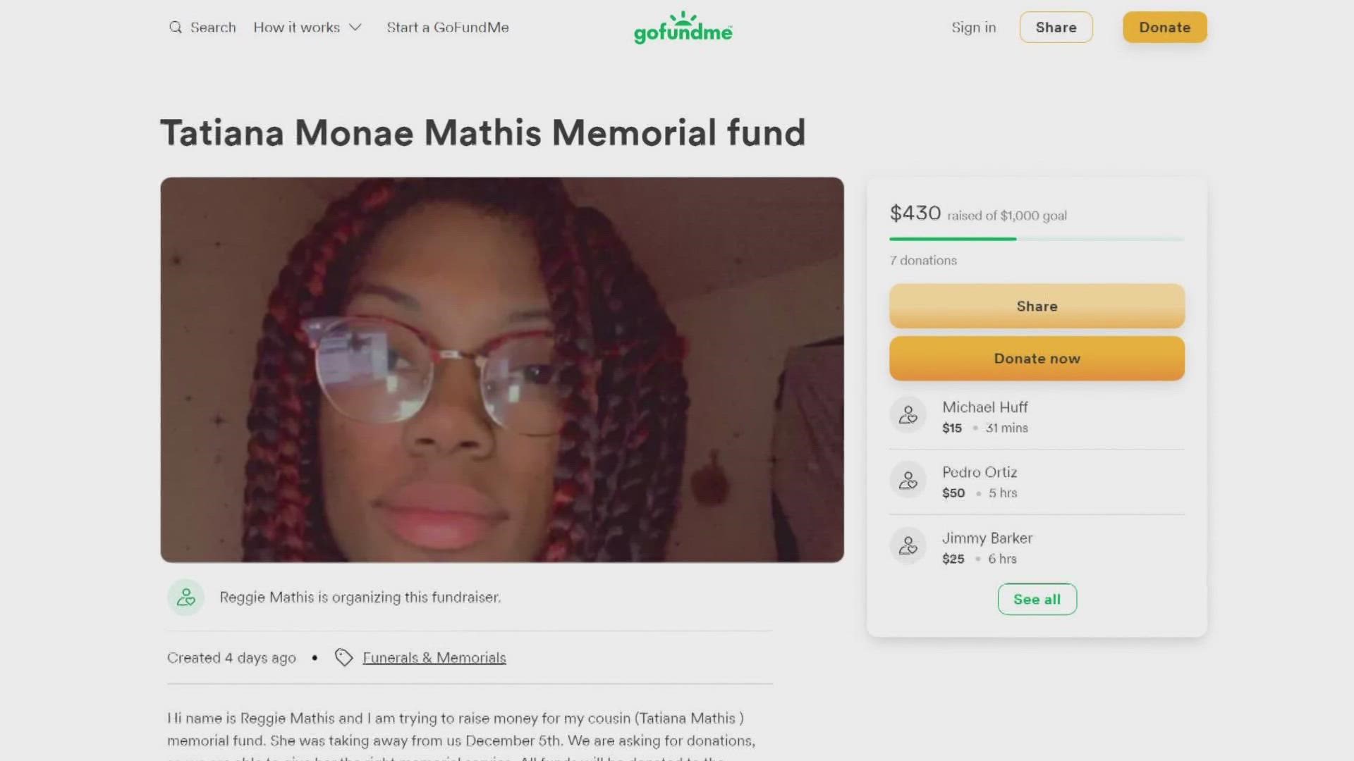 The family of Tatiana Monae Mathis is also raising money for Mathis' 2-year-old daughter.