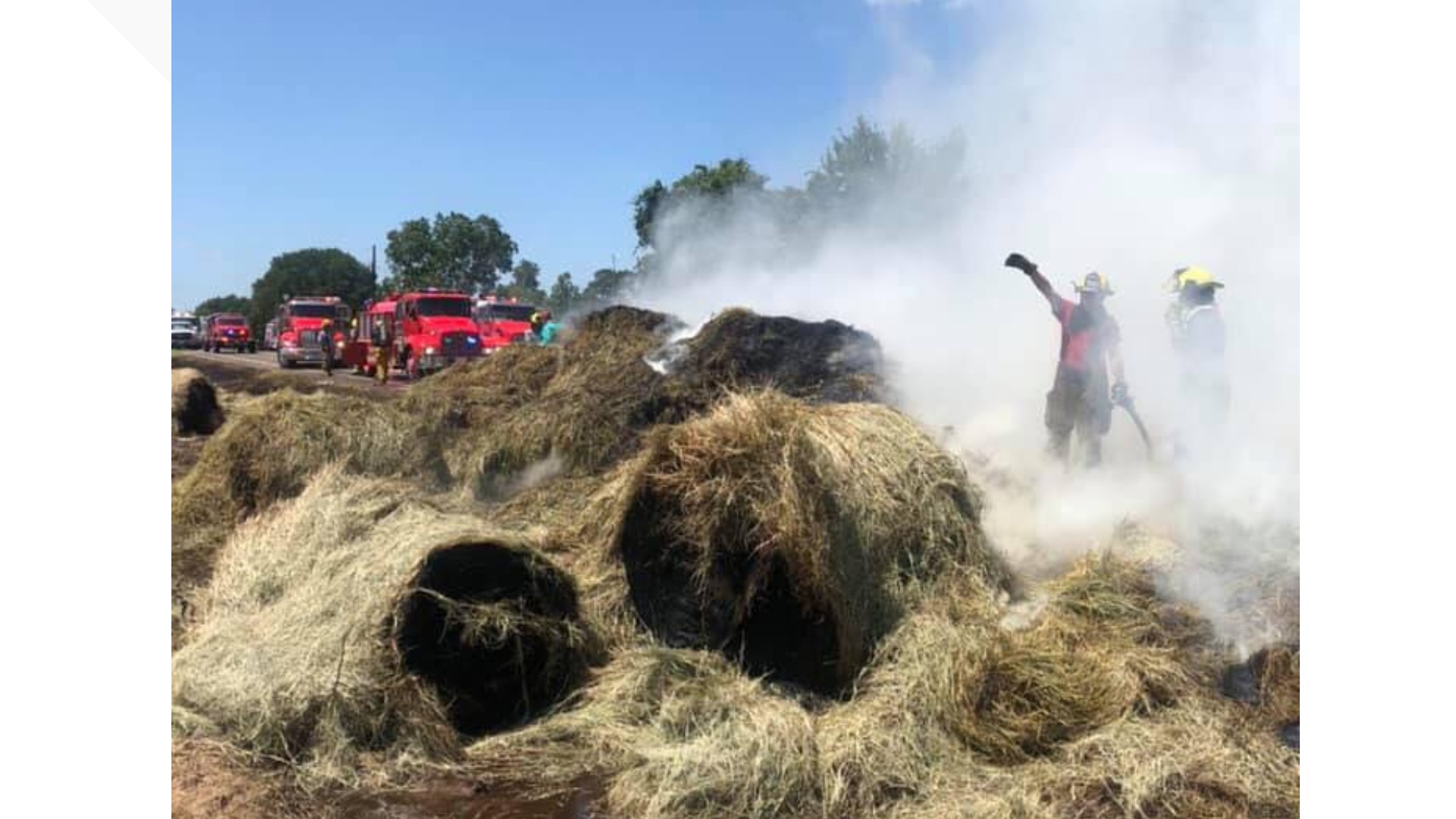 It took three fire crews three hours to put out a hay fire that stretched the entire length of a 40-foot gooseneck trailer.