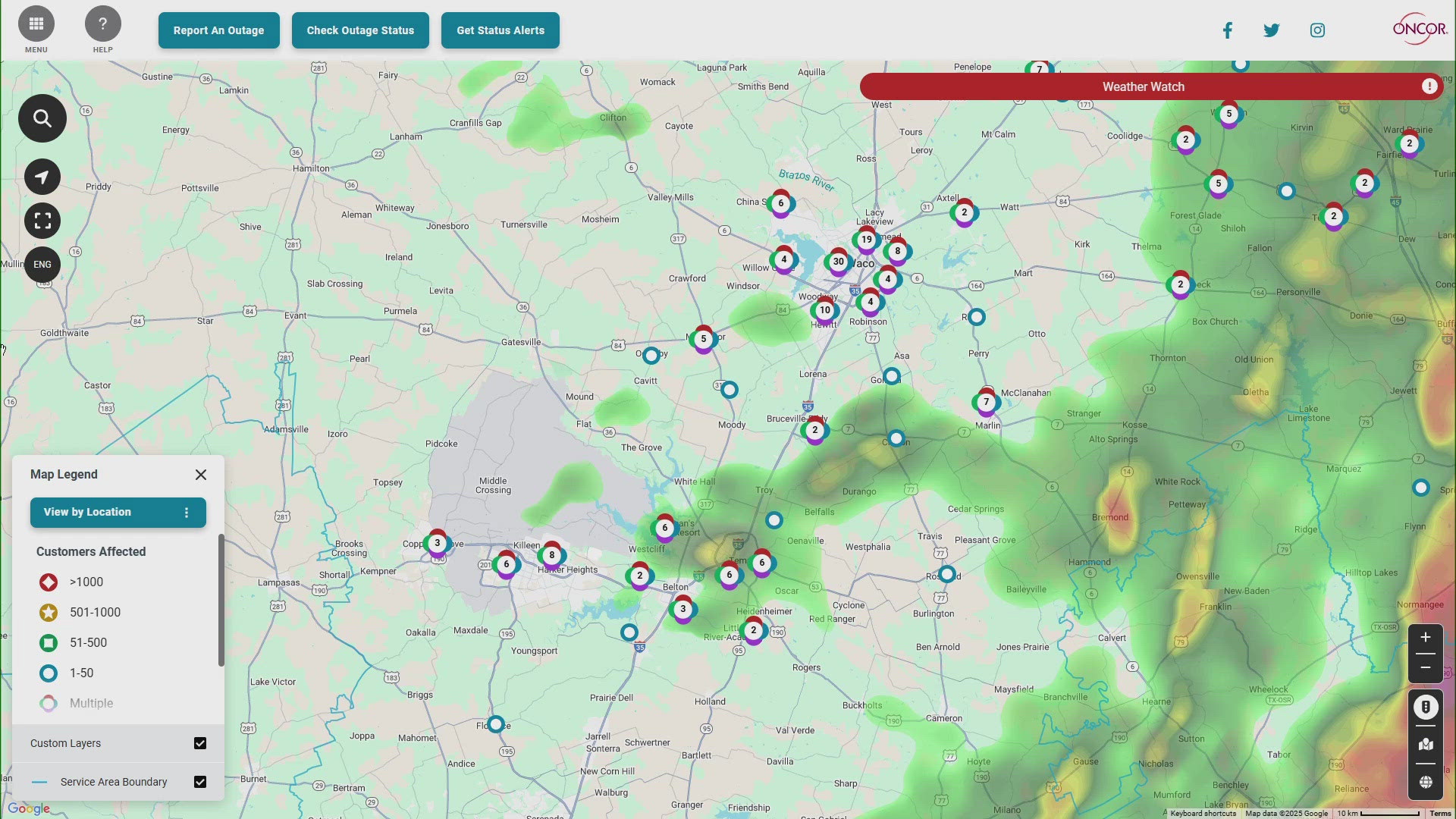 According to Oncor, more than a thousand people lost power in the Waco area, with more outages reported in Temple, McGregor, Marlin and more.