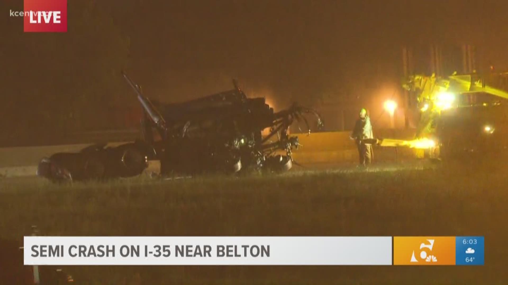 A semi-truck rollover on SB I-35 near Exit 293B in Belton has shut down the area and is causing delays. No injuries were reported but officials are working to clear the scene.
