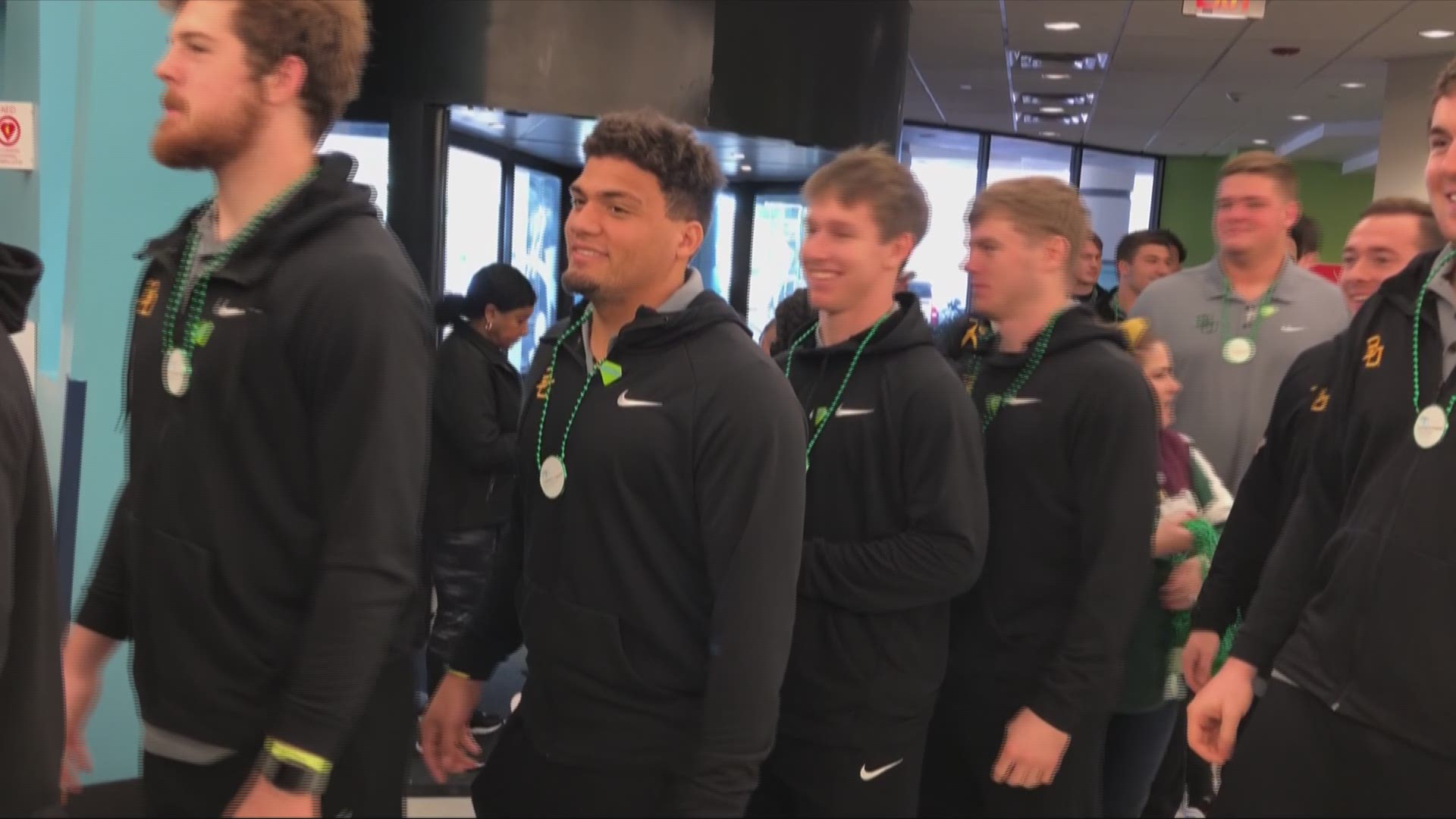 Baylor Bears were greeted by a band as they arrived at Children's Hospital on New Orleans ahead of the Sugar Bowl on Dec 30, 2019.