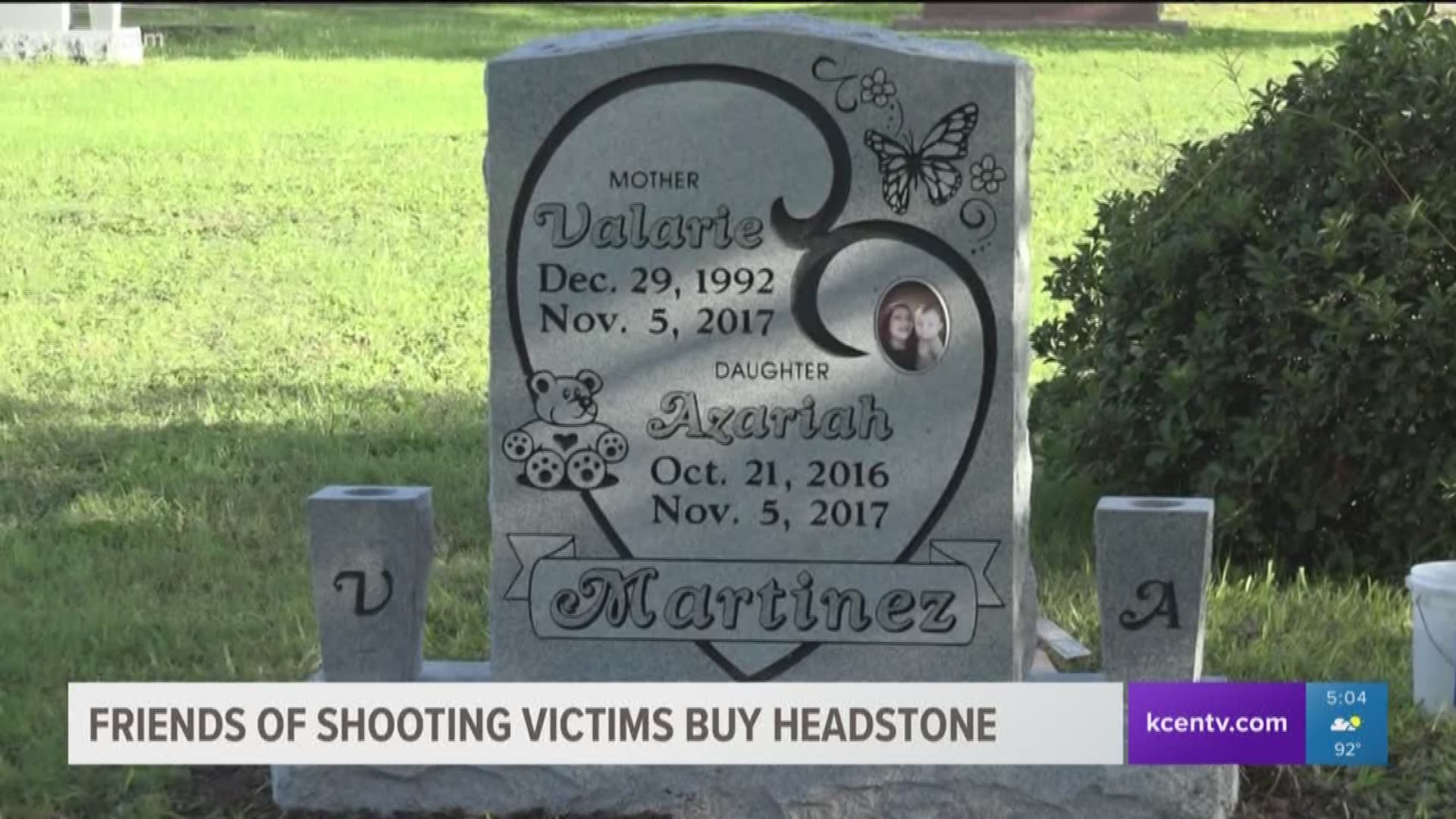 Friends and family of a 24-year-old mother who was shot and killed along with her daughter last year visited her grave to see a headstone bought by friends be placed.