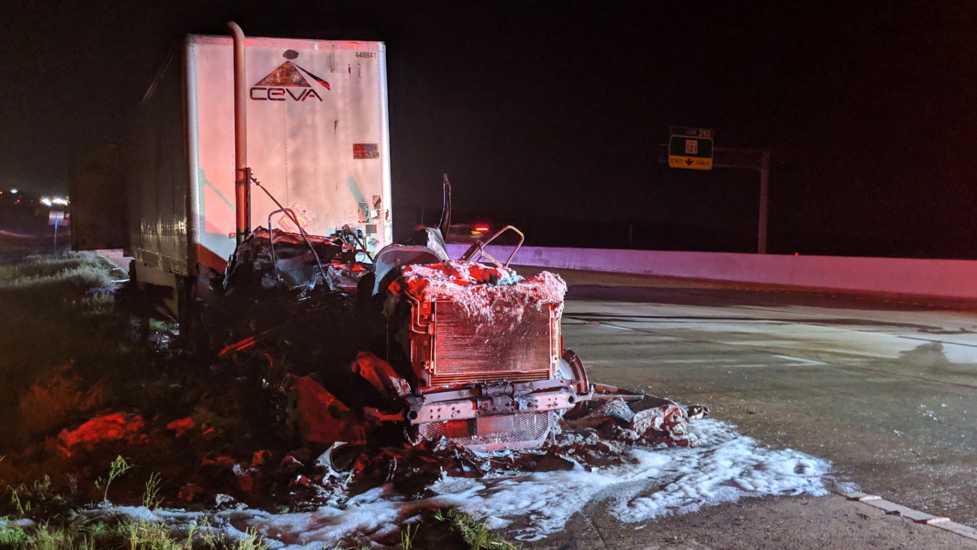 The driver of a semi-trailer was hospitalized after the vehicle caught fire on Southbound Interstate 35, according to fire officials. Both lanes of the interstate and the frontage road near Exit 289A reopened around 4 a.m. Wednesday.