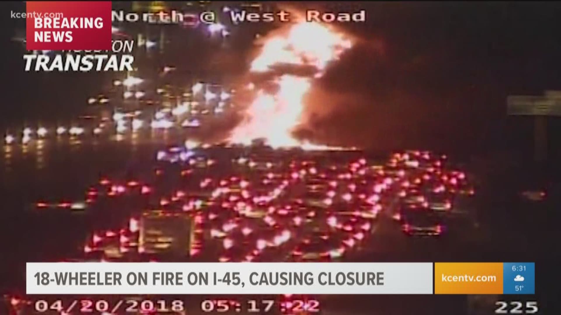 18-wheeler on fire on I-45 causing closure. 