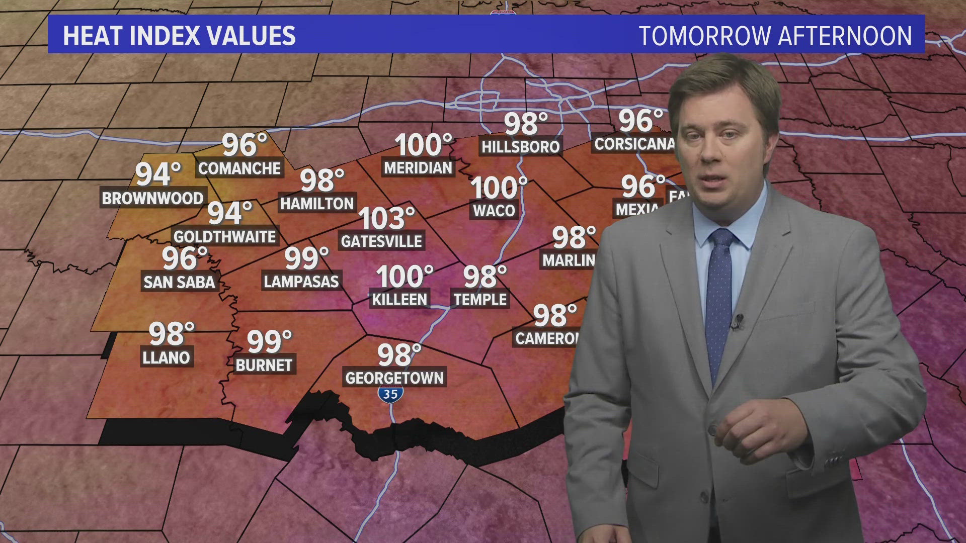 Temperatures will climb into the lower 90's with heat index values near 100° tomorrow. The afternoon could bring strong storms back to the area as well.