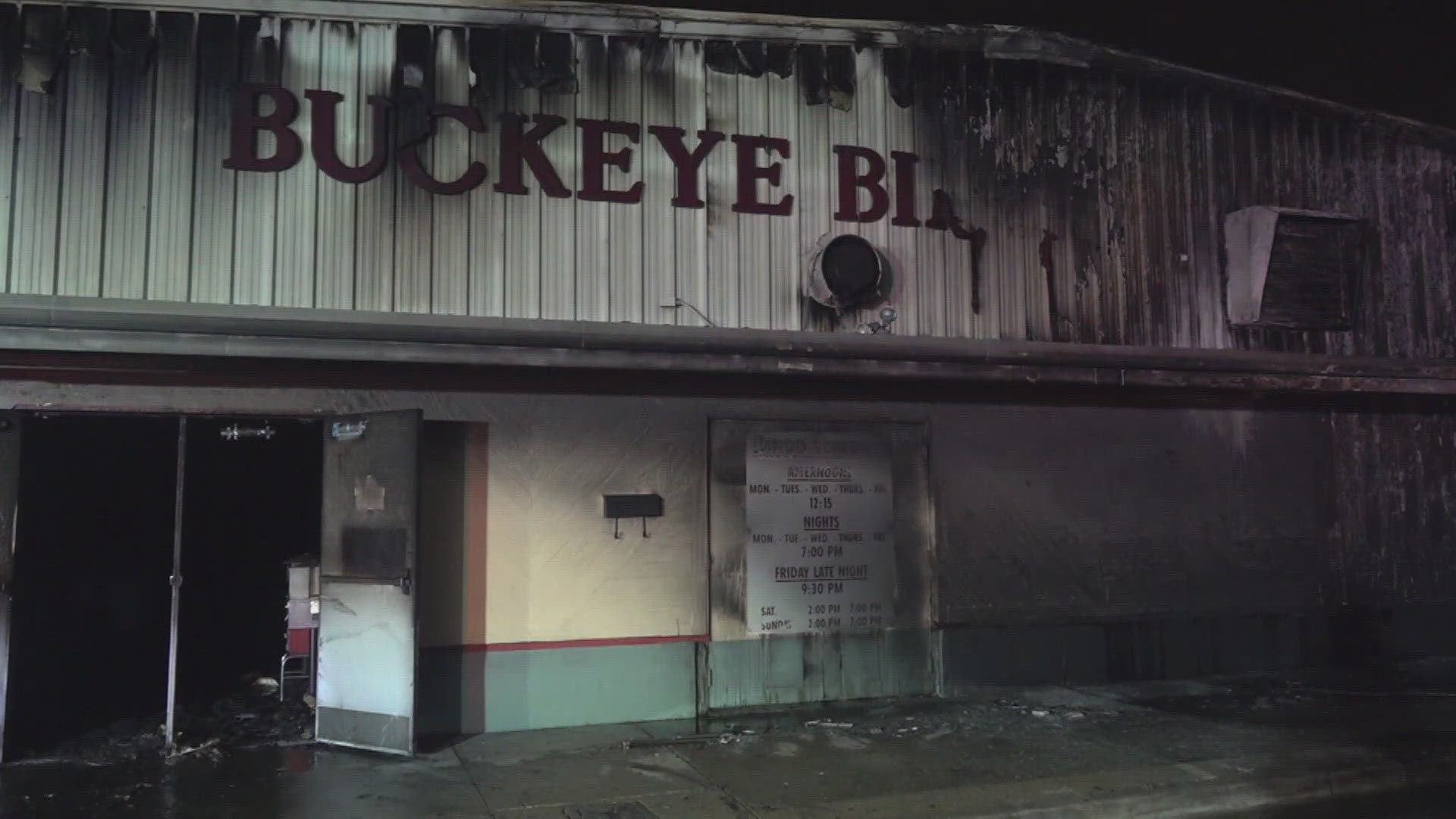 Officials say the fire started at the roof of the Buckeye Bingo Hall. The building was ruled a total loss. 