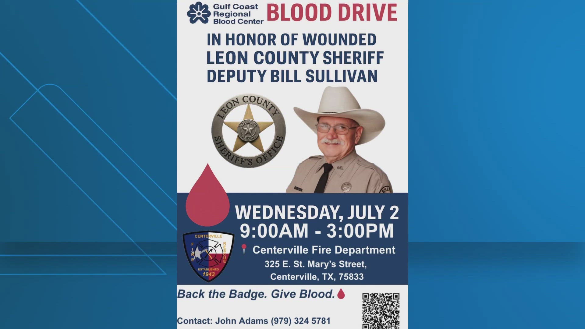 Leon County Sheriff’s Deputy Bill Sullivan was shot twice while responding to a call on June 21, the Sheriff's Office said.