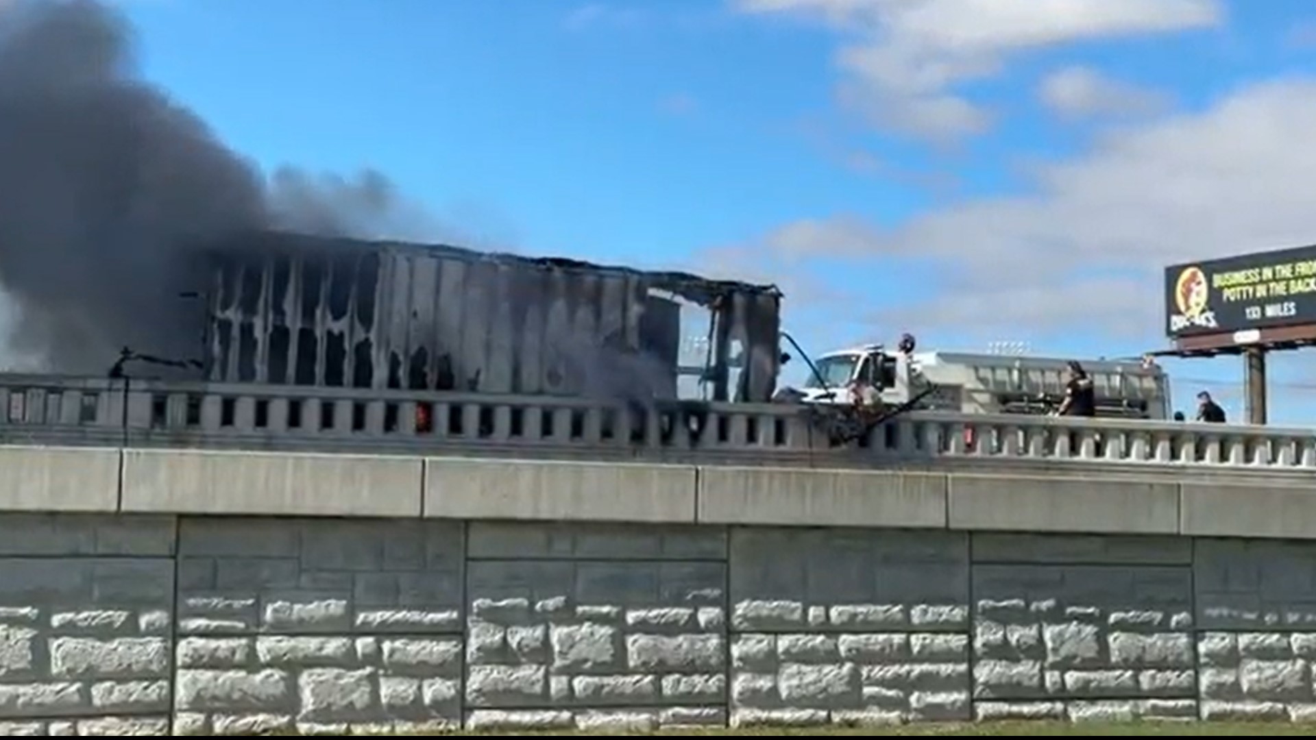 Video sent in from a 6 News viewer shows the big blaze coming from I-35 northbound lanes.