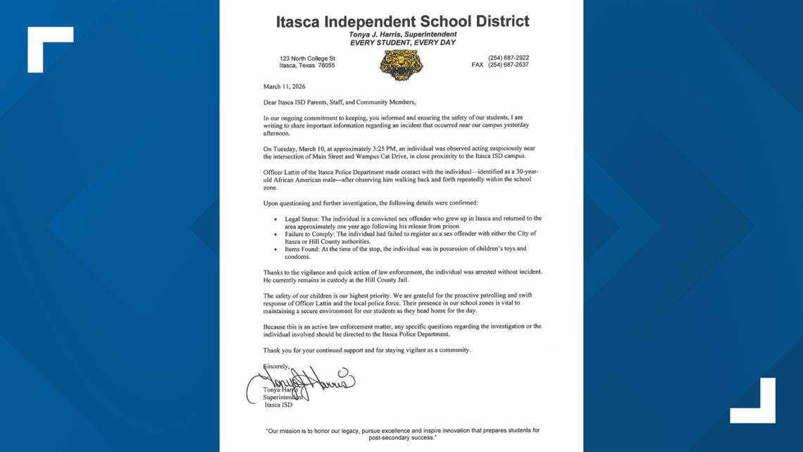 Convicted sex offender arrested near Itasca ISD campus following ...
