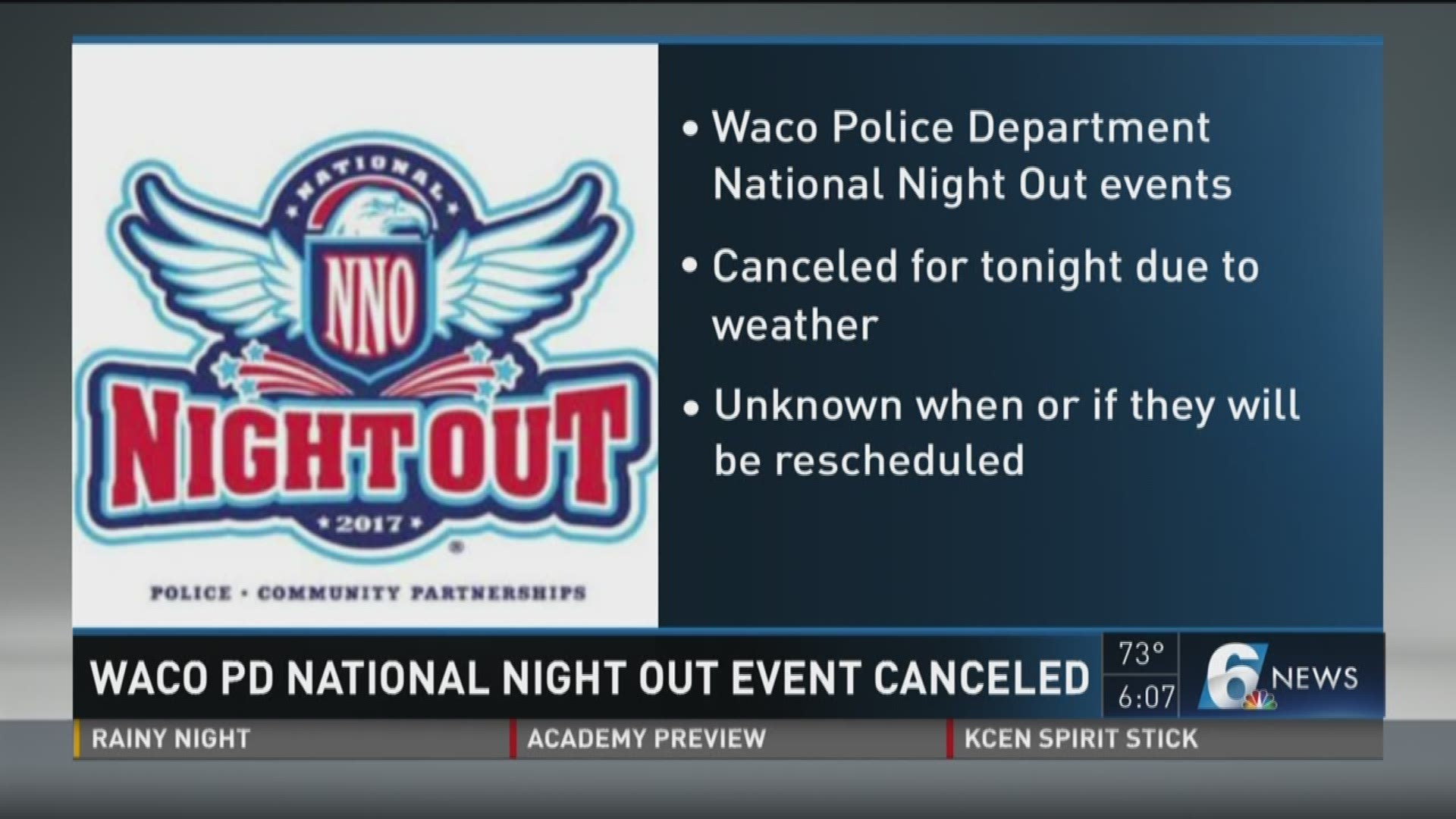 Due to the weather, all Waco Police Department National Night Out Events scheduled are canceled.