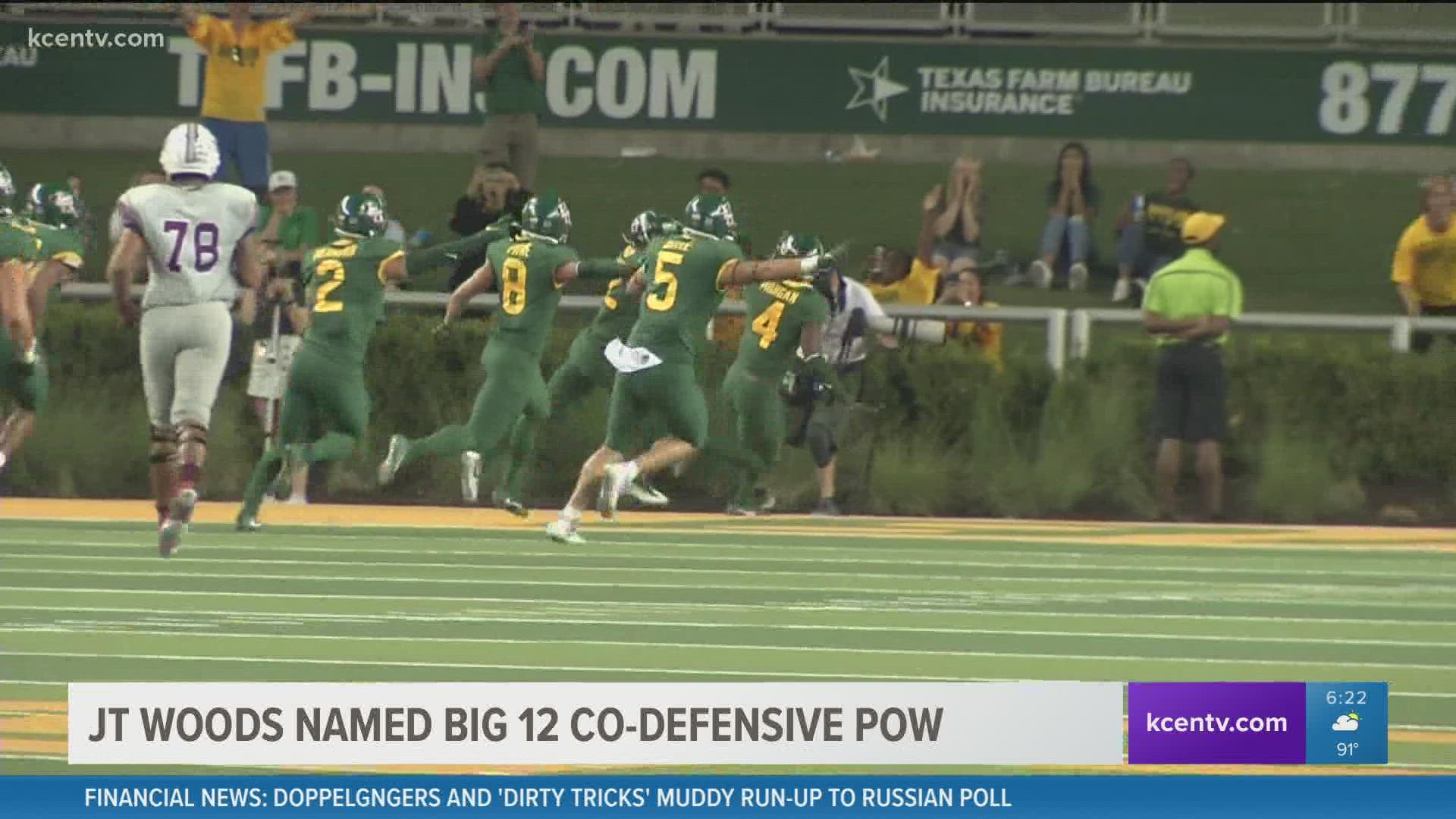 Baylor safety JT Woods was named the Big 12 co-defensive Player of the Week after a stellar performance on Saturday.