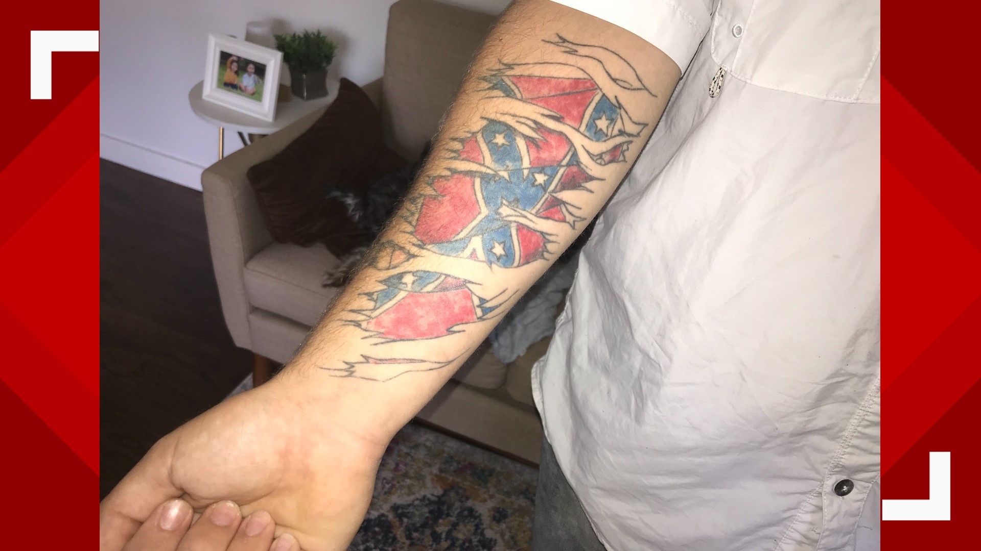 Kole Owens is from Southern Louisiana, and he got a large Confederate flag tattoo on his forearm in 2016. He said he's new to the area and wants a fresh start.