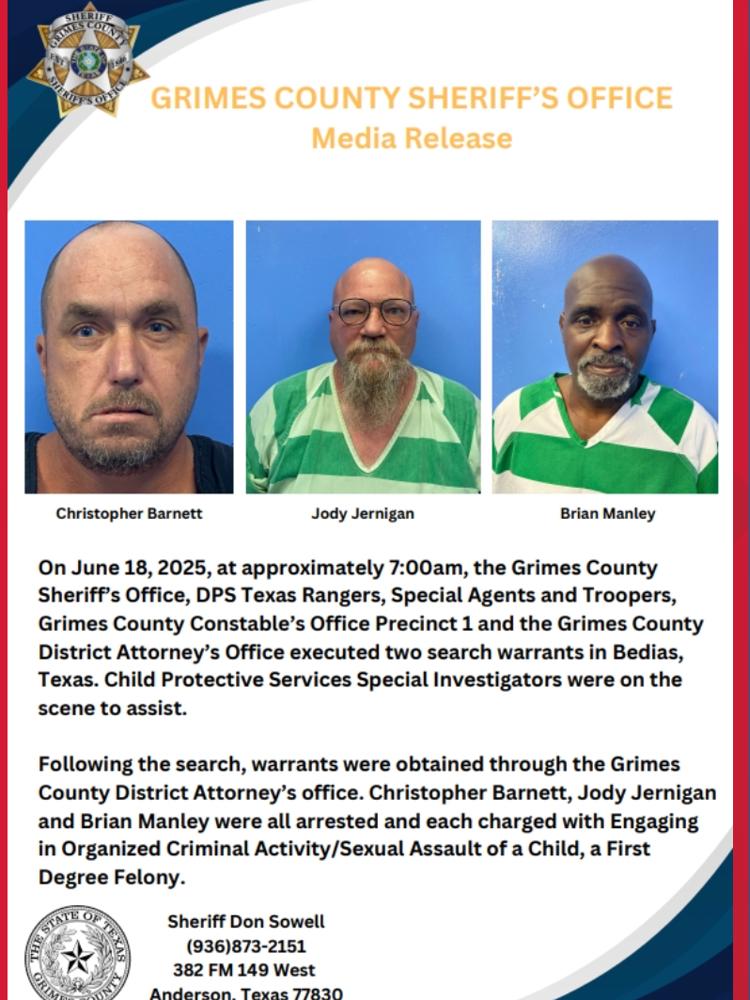 Three arrested in Grimes County for sexual assault of child | kcentv.com