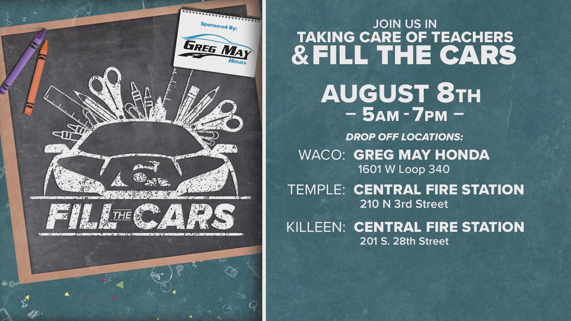 Let's help teachers get school supplies during our 2nd annual 'Fill the Cars' Taking Care of Teachers' supply drive!